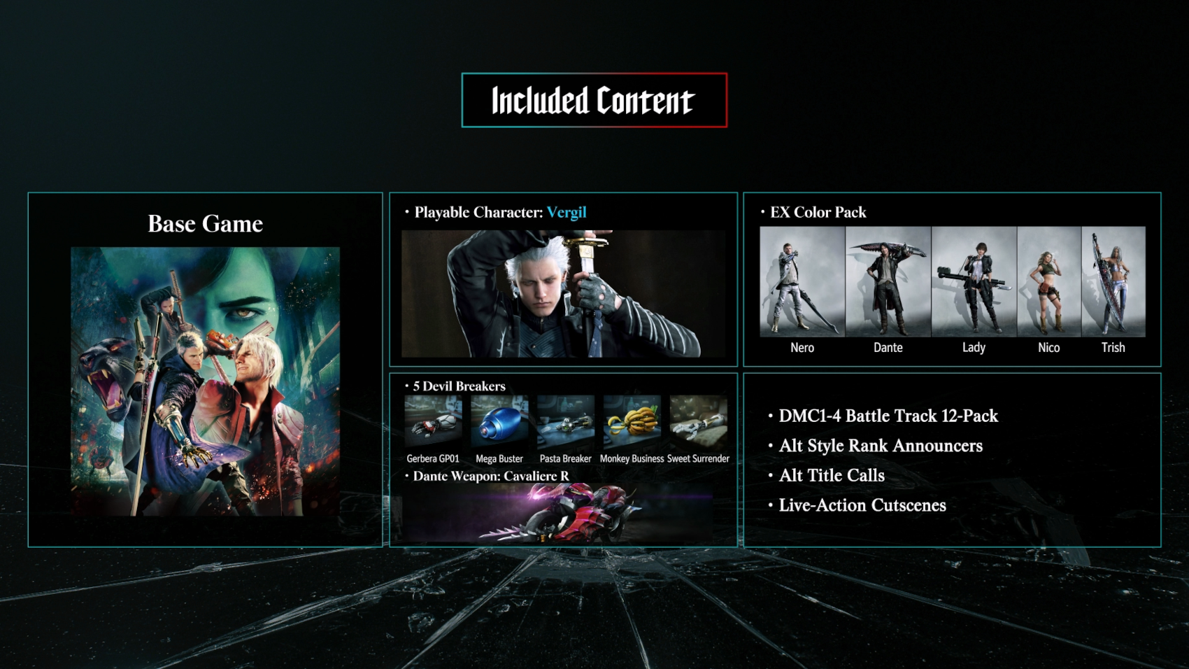 A Devil May Cry 5 mellékelt tartalmának áttekintése, beleértve az alapjátékot, Vergilt és a bónuszokat.