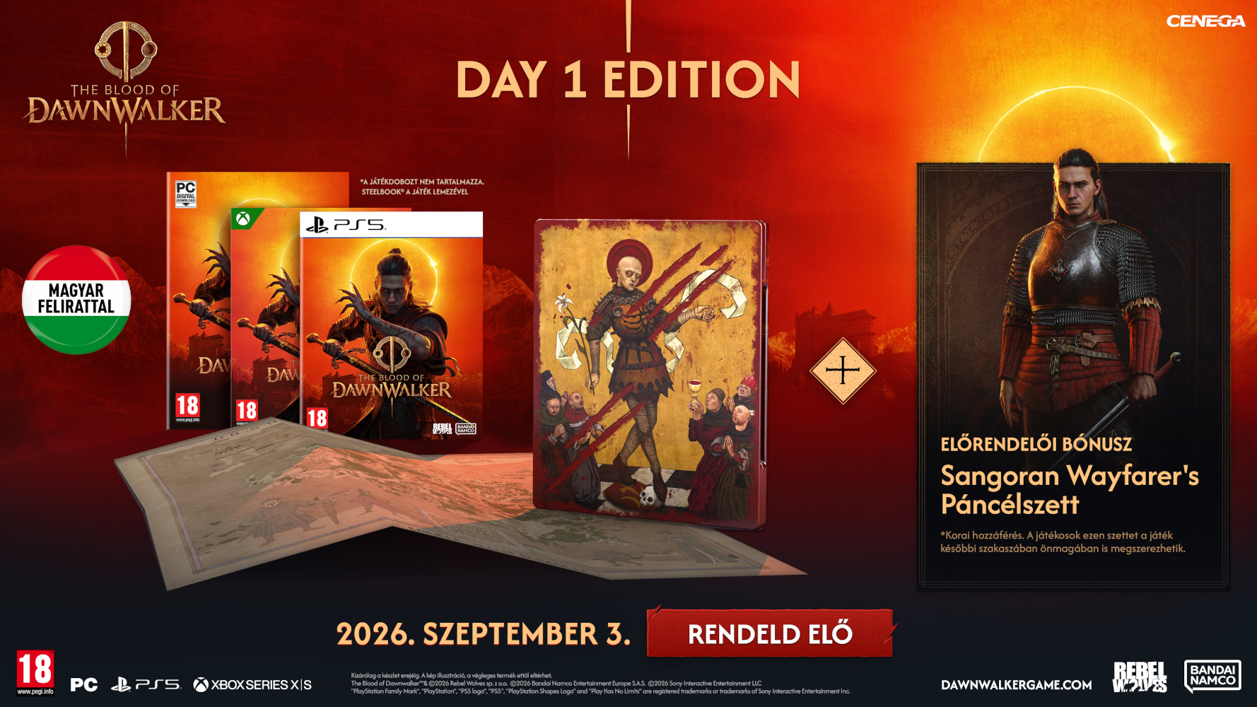 A The Blood of Dawnwalker Day 1 kiadása játékdobozokat, steelbookot, térképet és bónusz páncélt mutat.