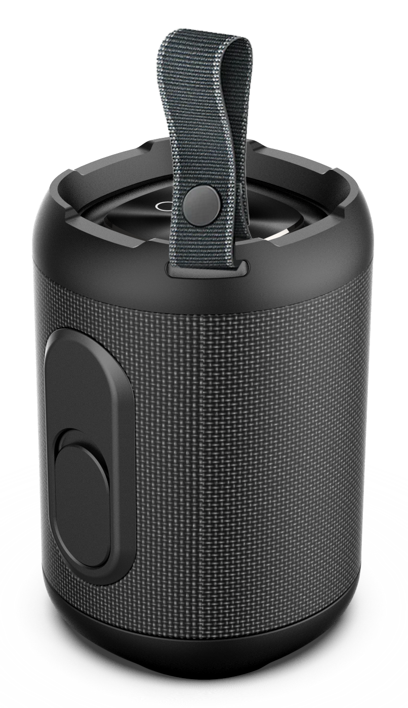 Czarny cylindryczny głośnik Bluetooth z paskiem do noszenia na ciemnym tle.