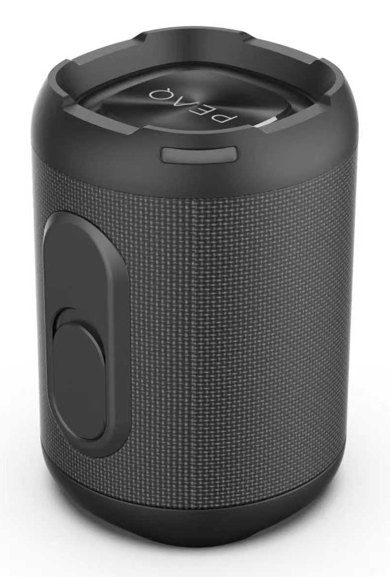 Czarny, cylindryczny głośnik Bluetooth z siatką materiałową, bocznymi przyciskami sterującymi i logo.