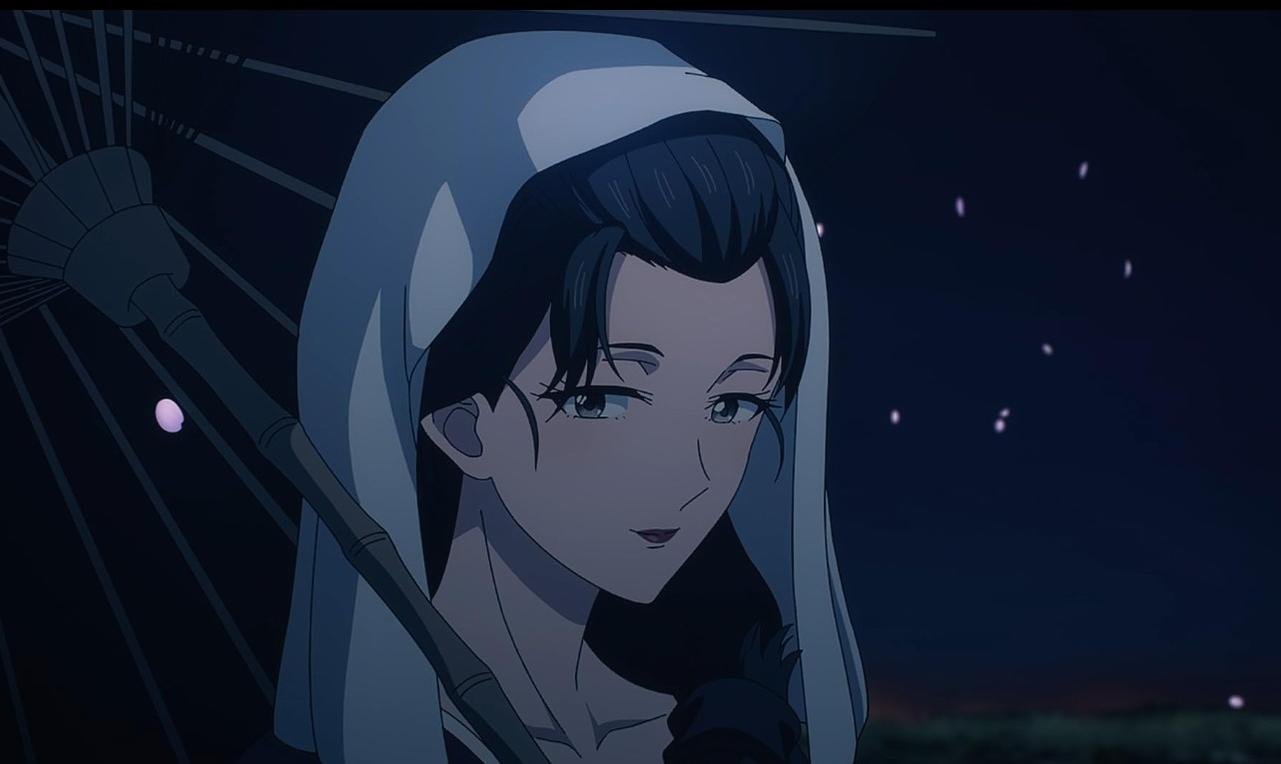 Eine Anime-Frau in weißer Kapuze hält nachts einen Regenschirm mit schwebenden rosa Lichtern im Hintergrund.