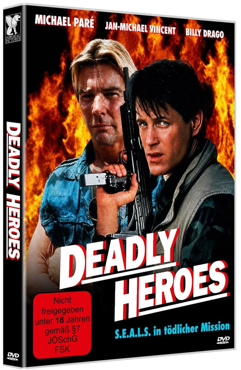 DVD-Cover von Deadly Heroes mit zwei Männern, die eine Waffe halten, vor einer brennenden Wand.