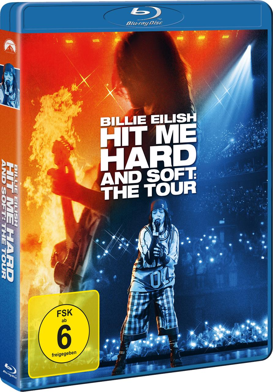 Blu-ray-Hülle von Billie Eilish Hit Me Hard and Soft The Tour mit Konzertszene in Rot und Blau.