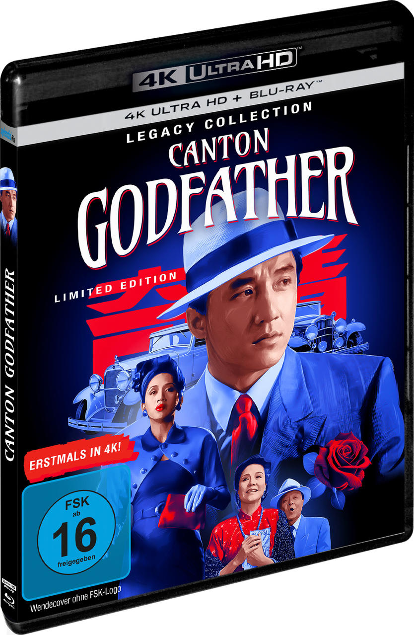 4K Ultra HD Blu-ray Cover von Canton Godfather mit Jackie Chan, einem blauen Anzug und einer roten Rose.