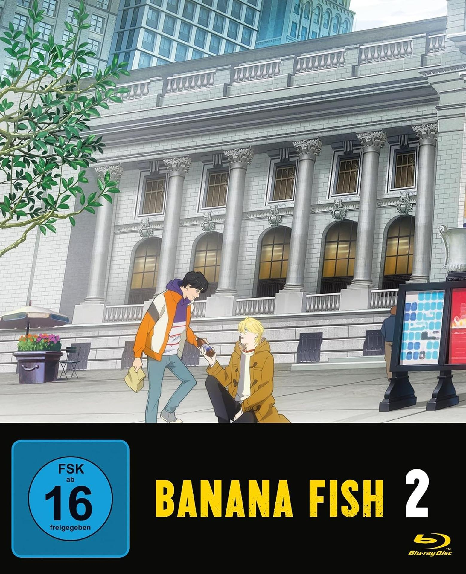 Zwei junge Männer vor klassischem Gebäude auf Blu-ray Cover 'Banana Fish 2' mit FSK-16-Logo.