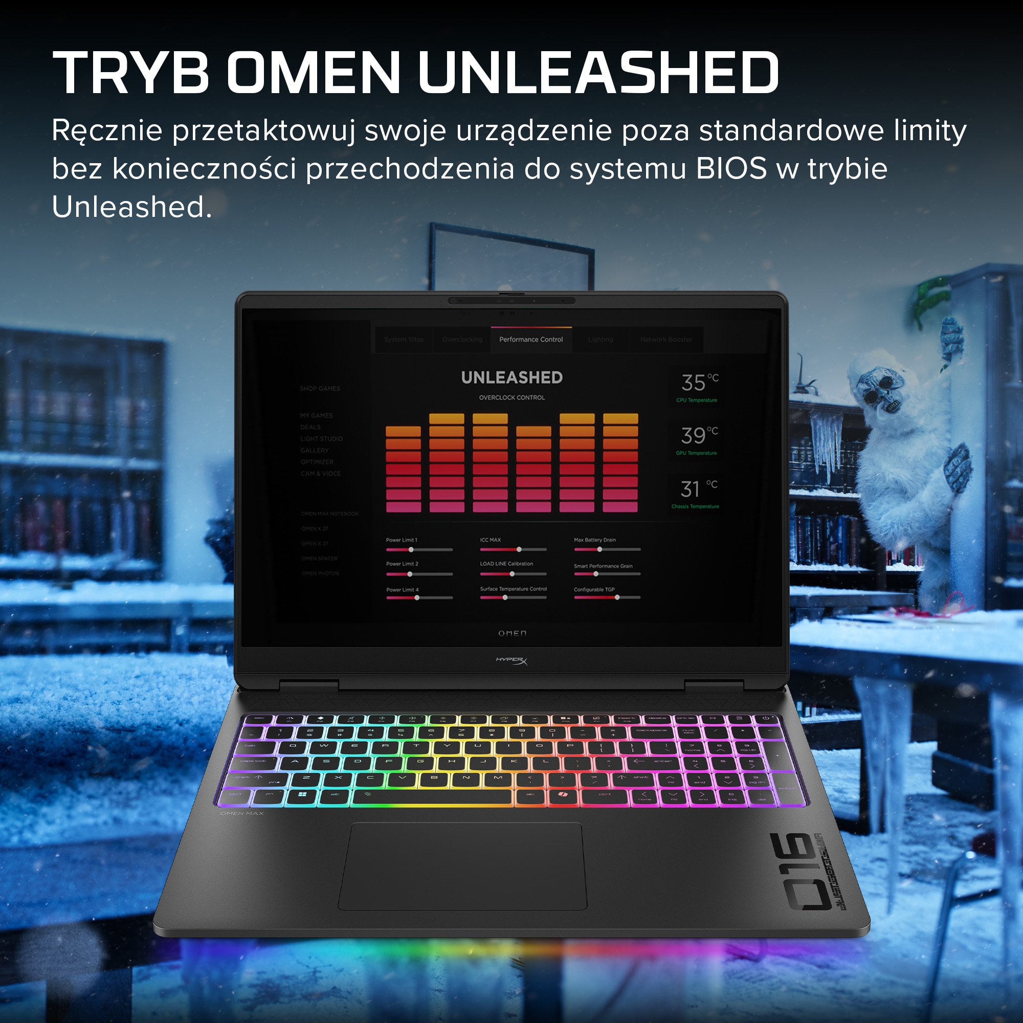 Laptop Omen wyświetla ustawienia wydajności z kolorową podświetlaną klawiaturą na tle zimowego krajobrazu.