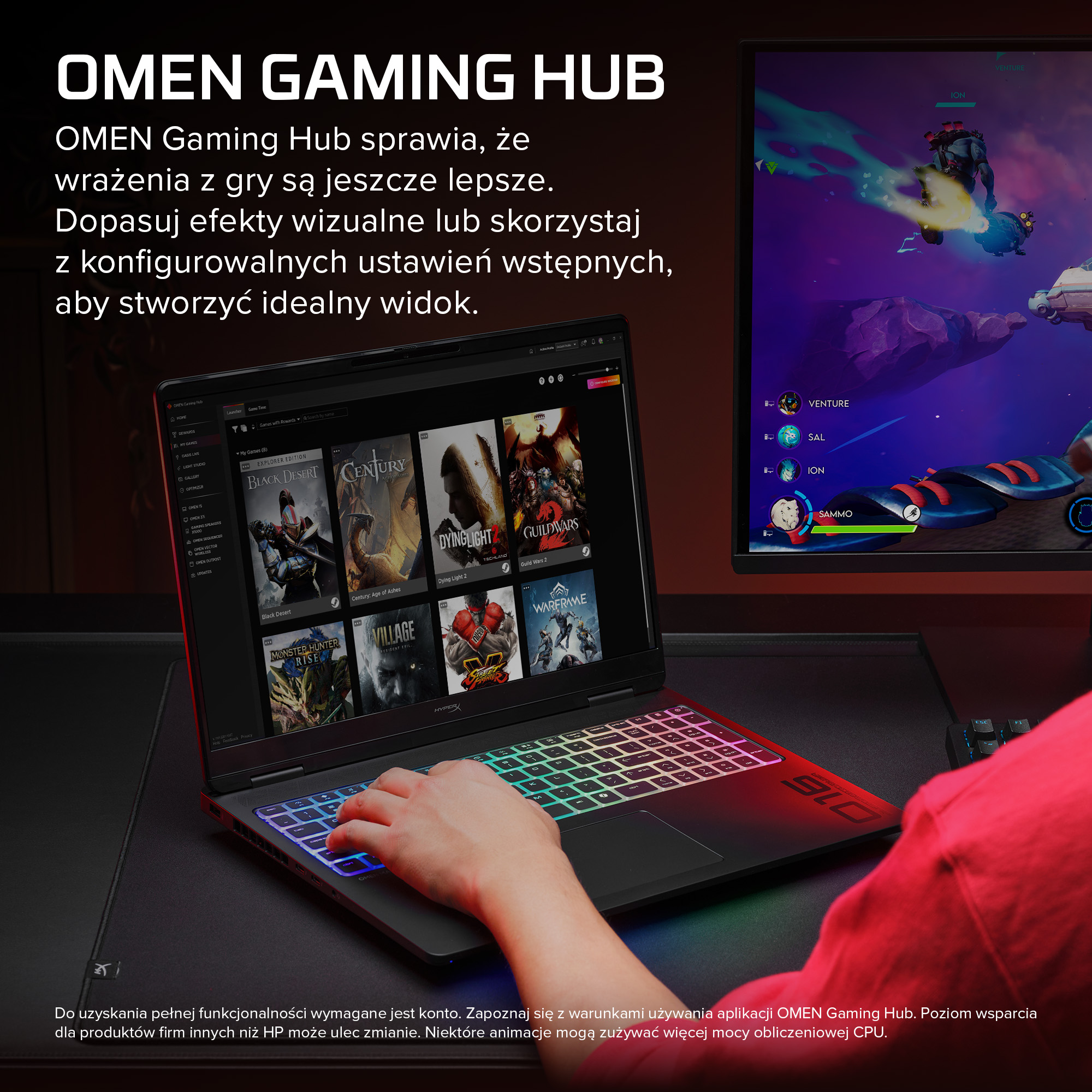 Gracz obsługuje podświetlany laptop HP Omen z aplikacją Omen Gaming Hub.
