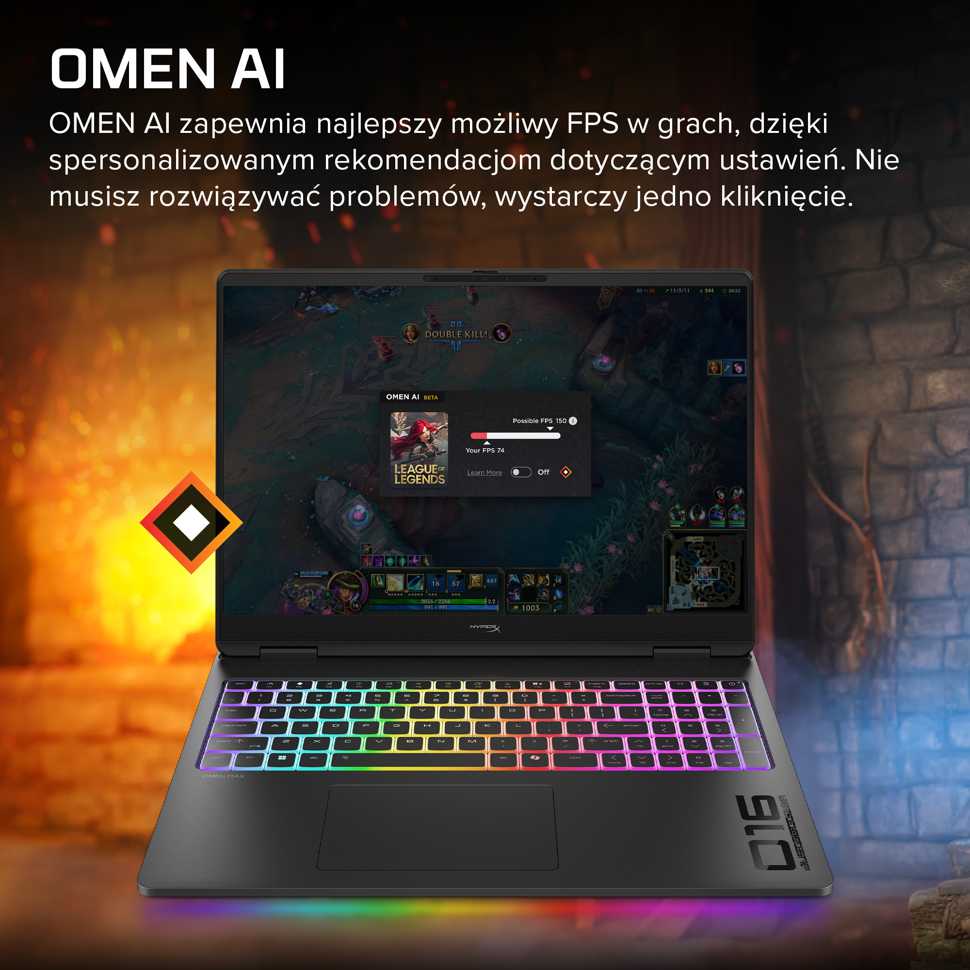 Laptop z podświetlaną klawiaturą RGB wyświetla grę League of Legends i menu Omen AI na tle ognia.