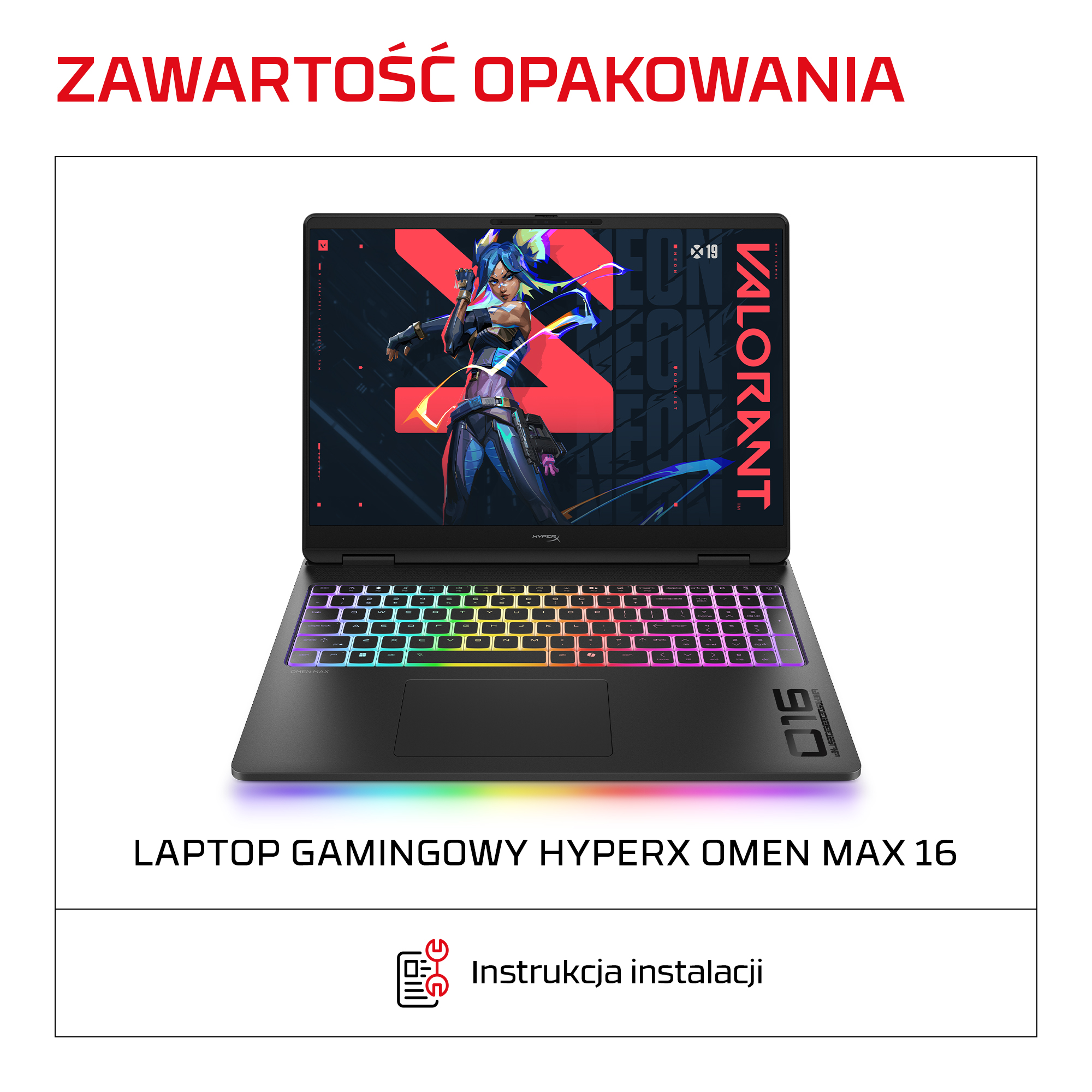 Czarny laptop gamingowy HyperX Omen Max 16 z podświetlaną klawiaturą RGB i postacia z Valorant na ekranie.