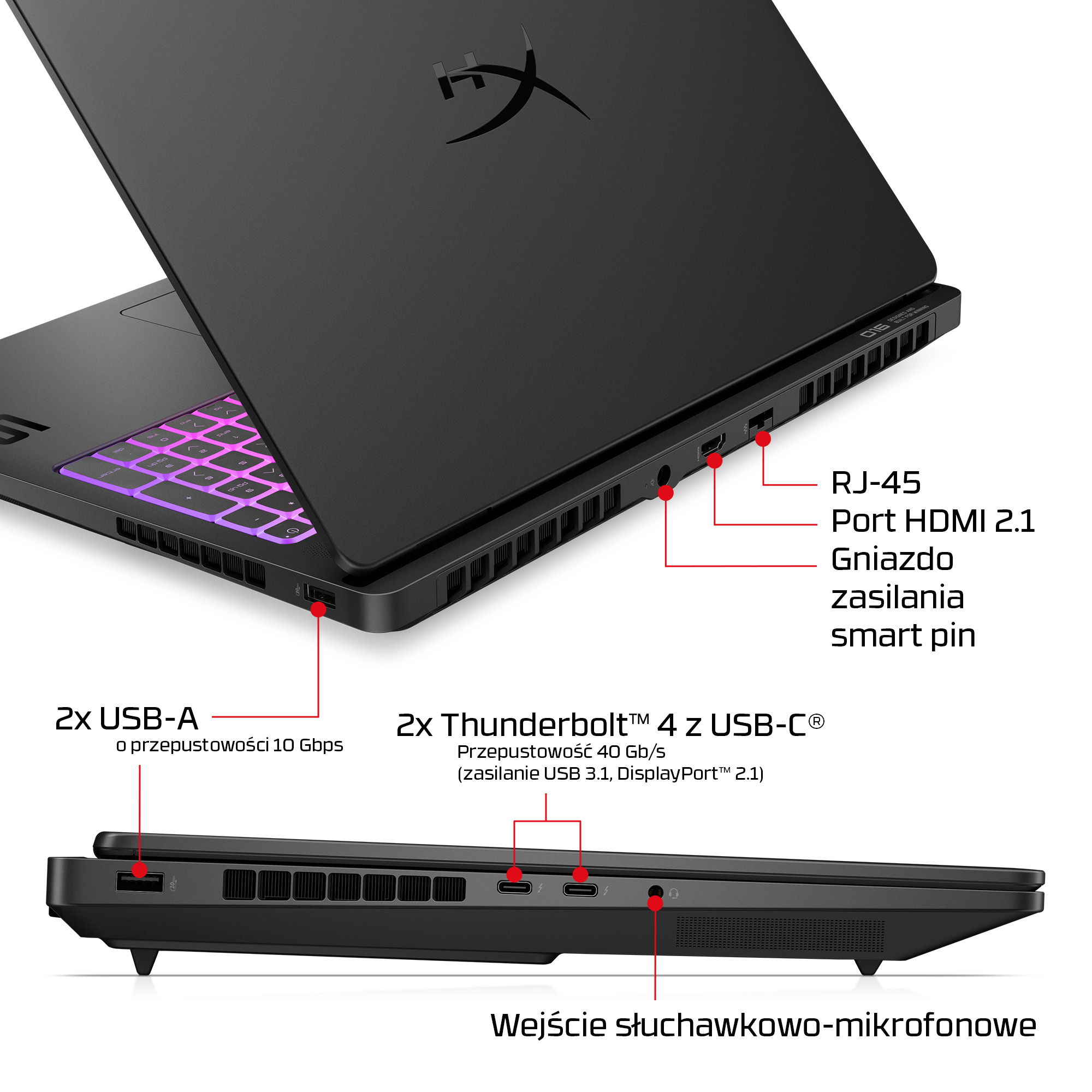 Czarny laptop z otwartym ekranem i diagramem portów.