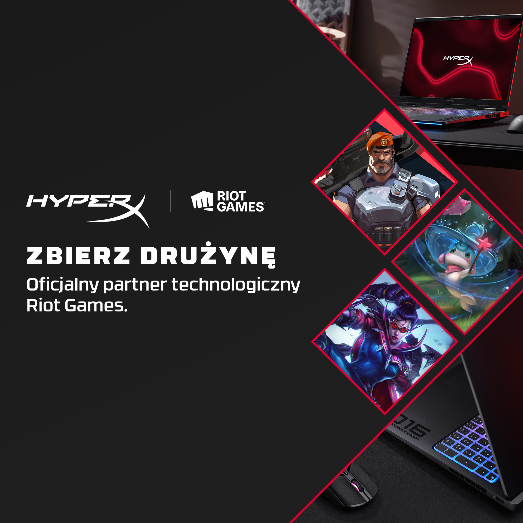 Reklama partnerstwa HyperX i Riot Games przedstawiająca laptopy do gier na ciemnym tle.