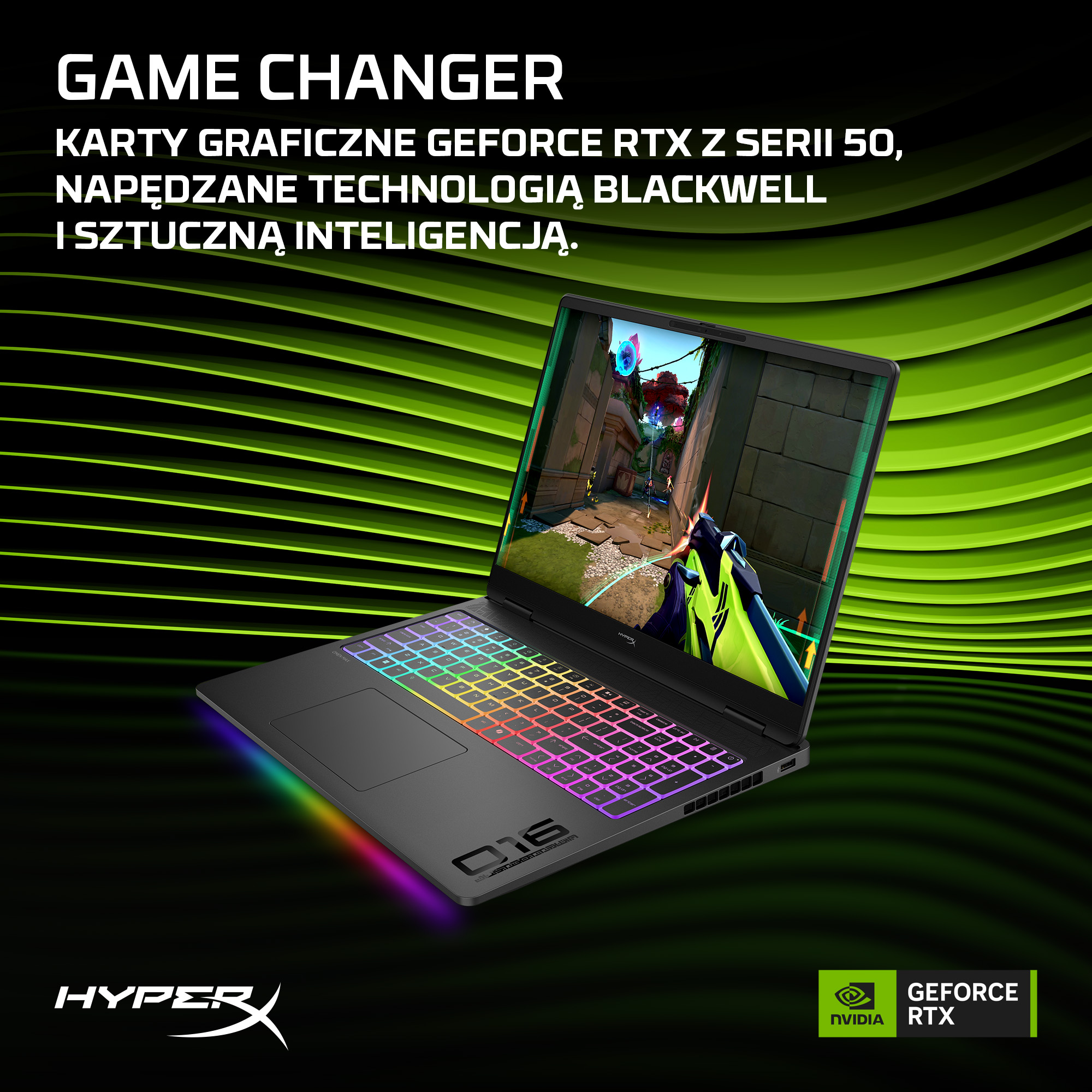 Czarny laptop do gier HyperX na zielonym falistym tle wyświetla kolorową grę fantasy na ekranie.