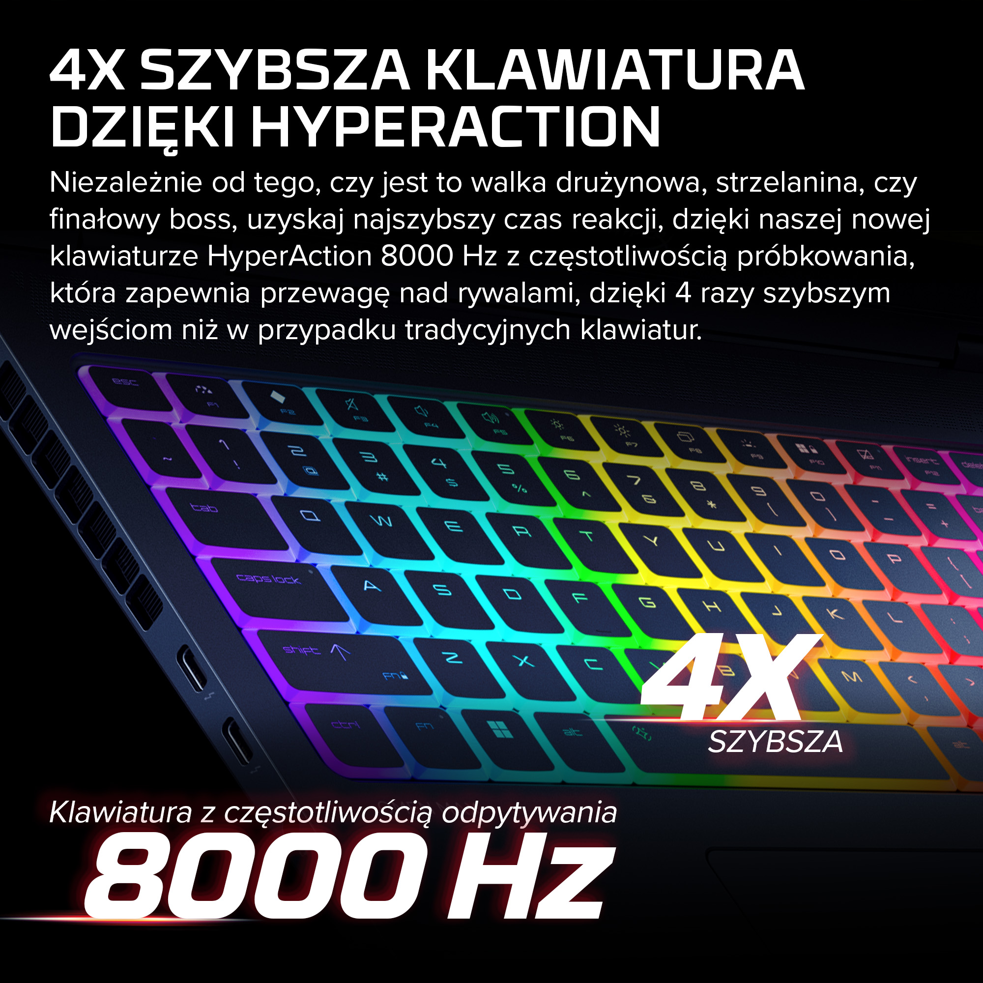 Zbliżenie na klawiaturę laptopa gamingowego z podświetleniem RGB i polskim tekstem.