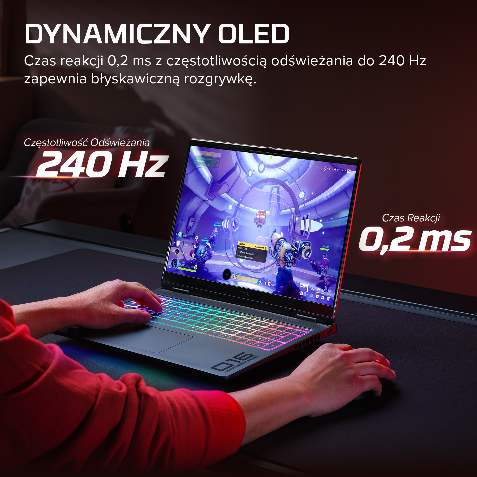 Laptop z podświetlaną klawiaturą i ekranem OLED wyświetla grę wideo, obsługiwany przez osobę.