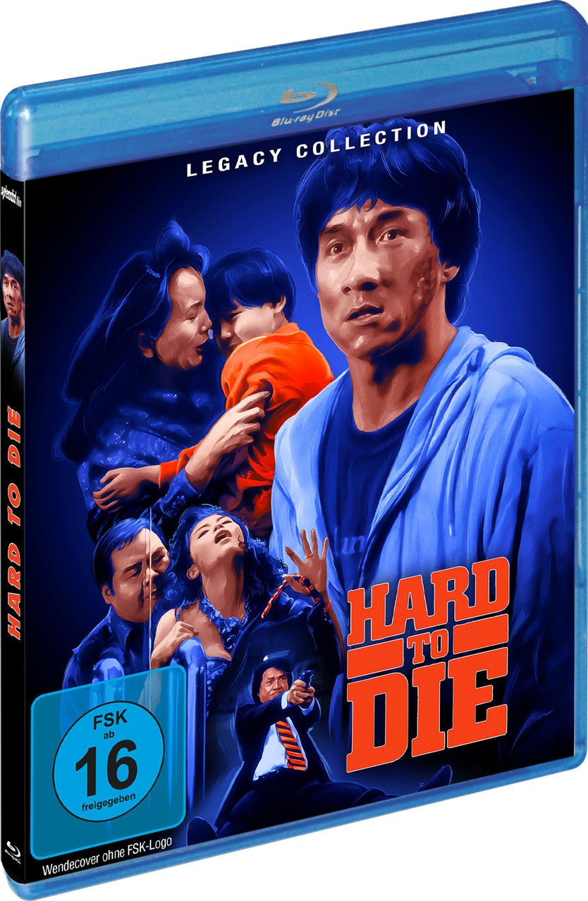 Blaue Blu-ray-Hülle des Films Hard to Die, mit Jackie Chan und dramatischer blauer Beleuchtung.