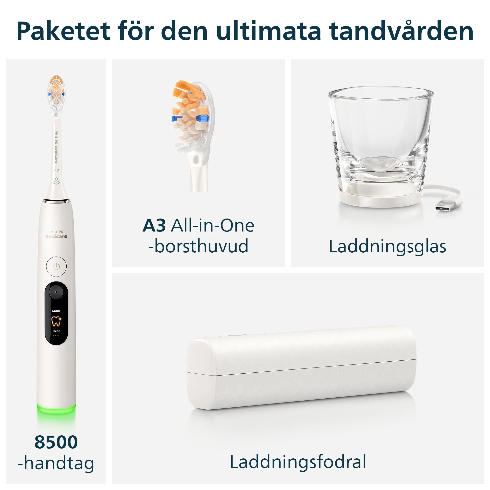 Philips Sonicare Zahnbürste mit Handstück, A3-Bürstenkopf, Ladeglas und Ladeetui.