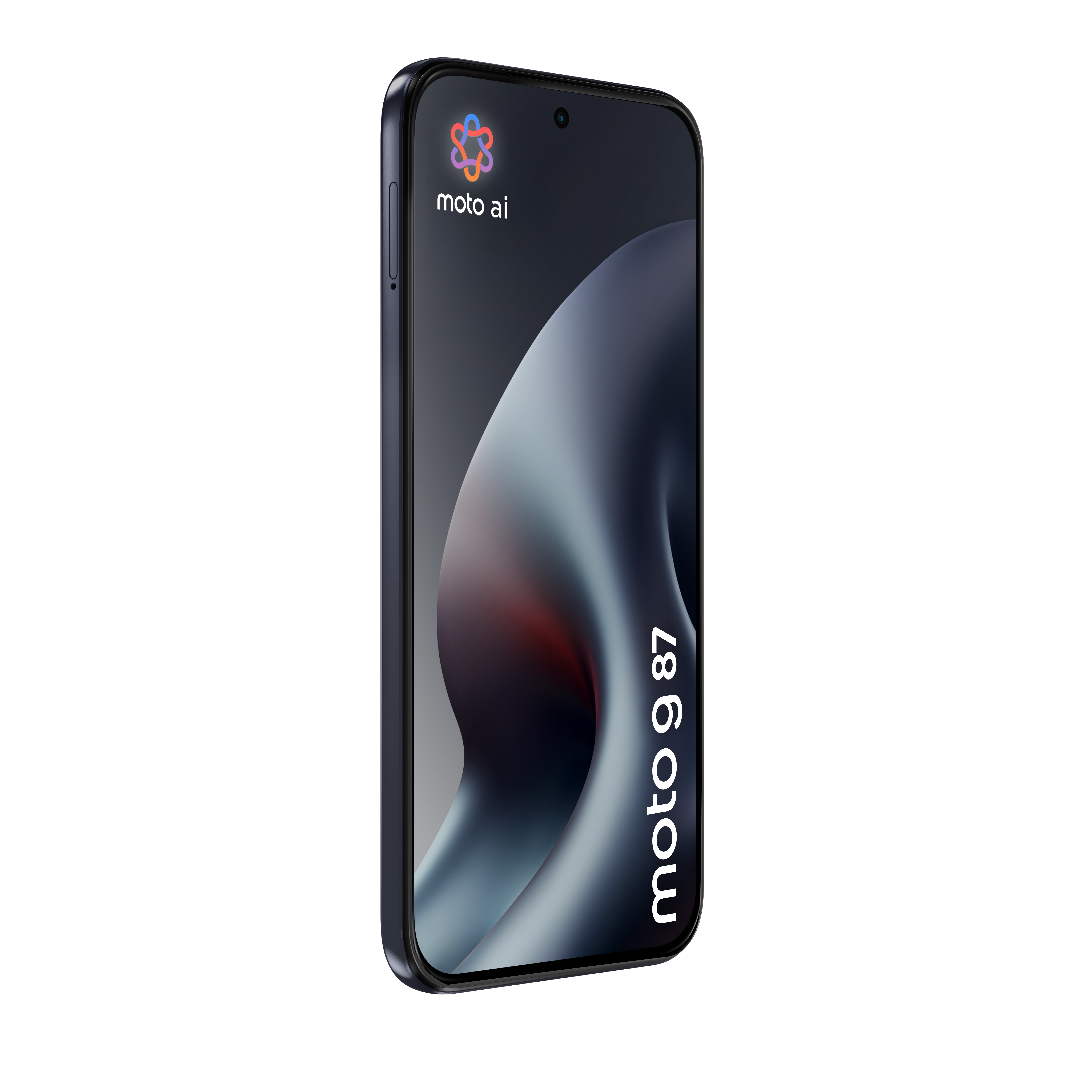 Ein schwarzes Smartphone zeigt das Moto AI Logo und moto g87 auf dem Bildschirm.