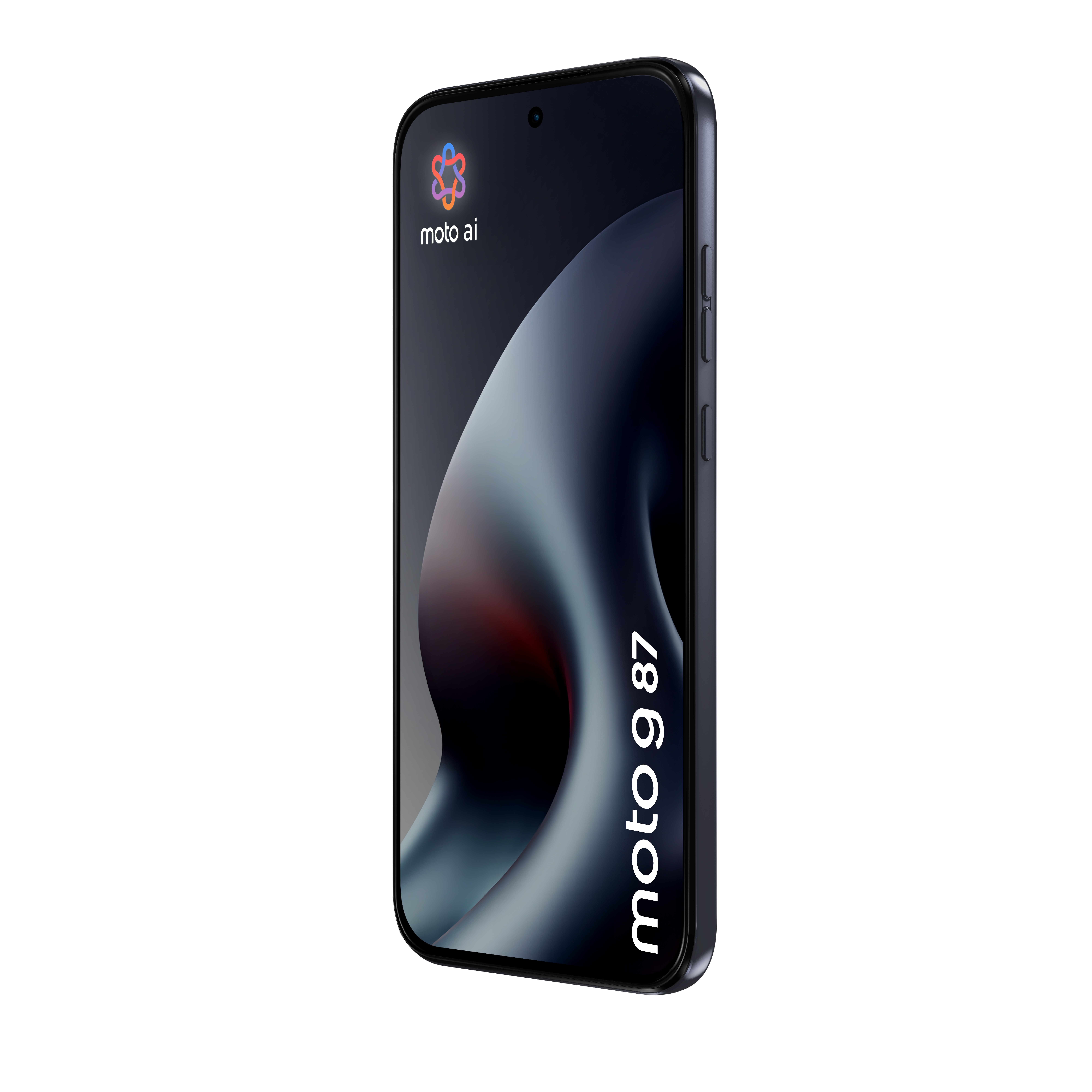 Ein schwarzes Smartphone schräg mit 'moto g 87' und 'moto ai'-Logo auf dem dunklen, geschwungenen Bildschirm.