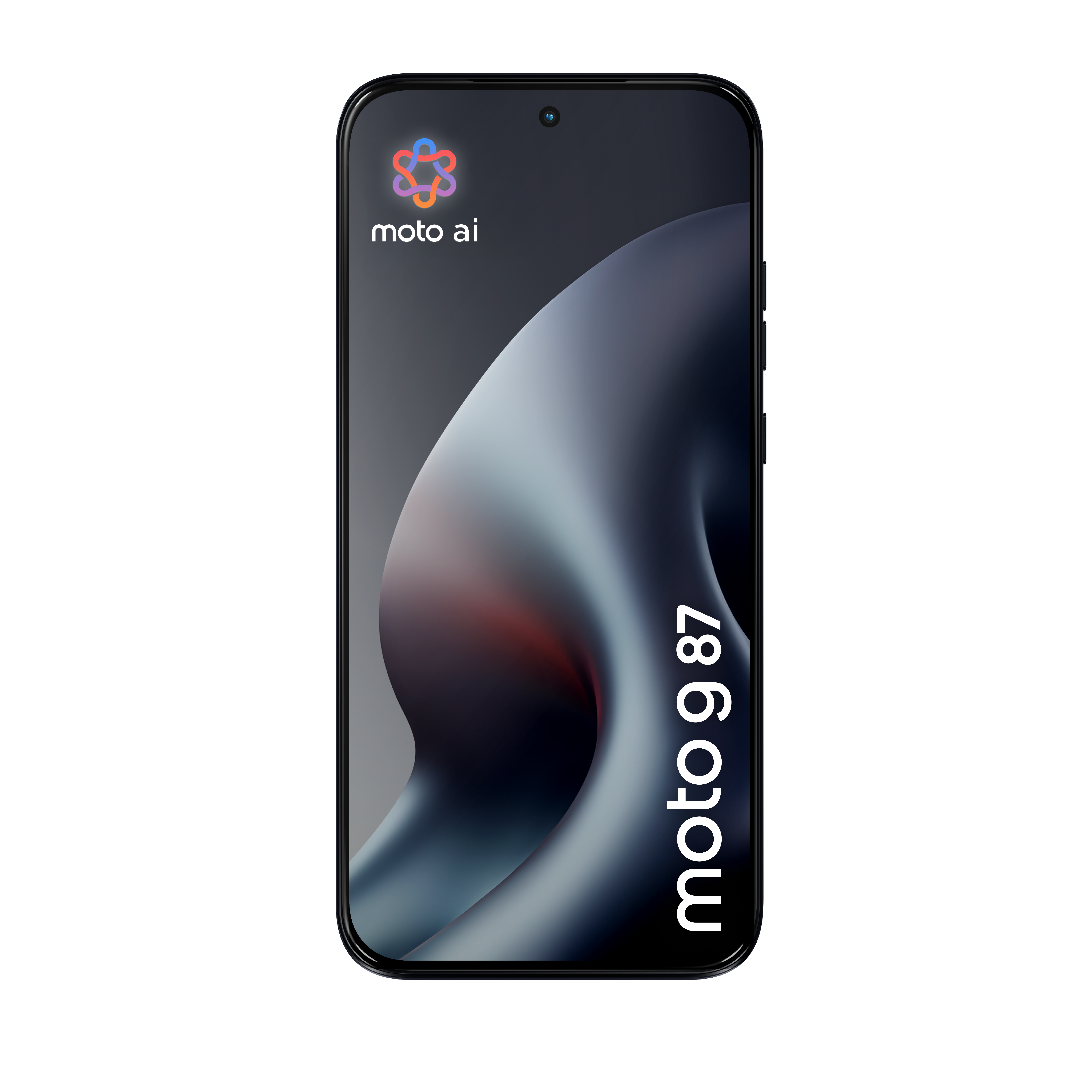 Ein schwarzes Smartphone mit der Aufschrift moto g 87 und moto ai Logo auf dem Display.