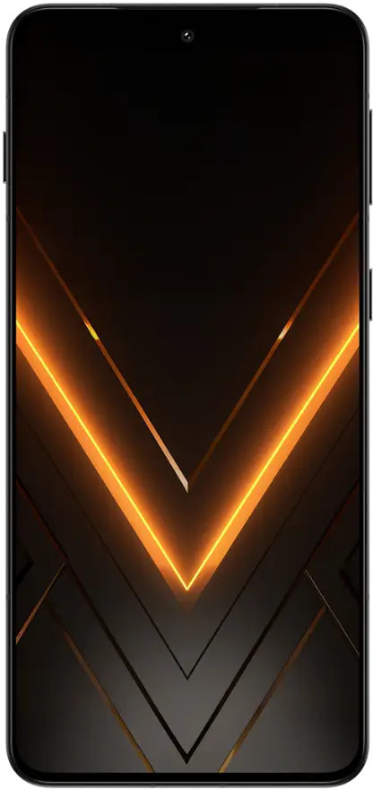 Czarny smartfon z abstrakcyjnym złotym wzorem w kształcie litery V na ekranie.