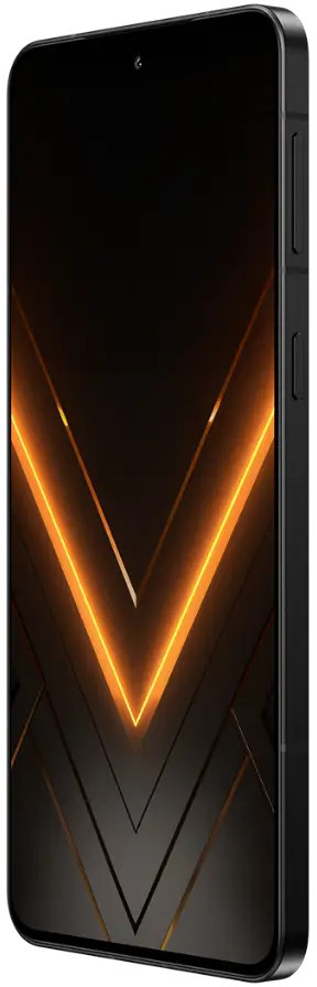 Czarny smartfon z jarzącymi się pomarańczowymi geometrycznymi wzorami w kształcie litery V na ekranie.