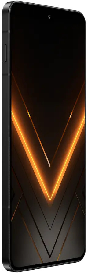 Czarny smartfon pod kątem, wyświetlający abstrakcyjną tapetę z jarzącymi się pomarańczowymi wzorami.