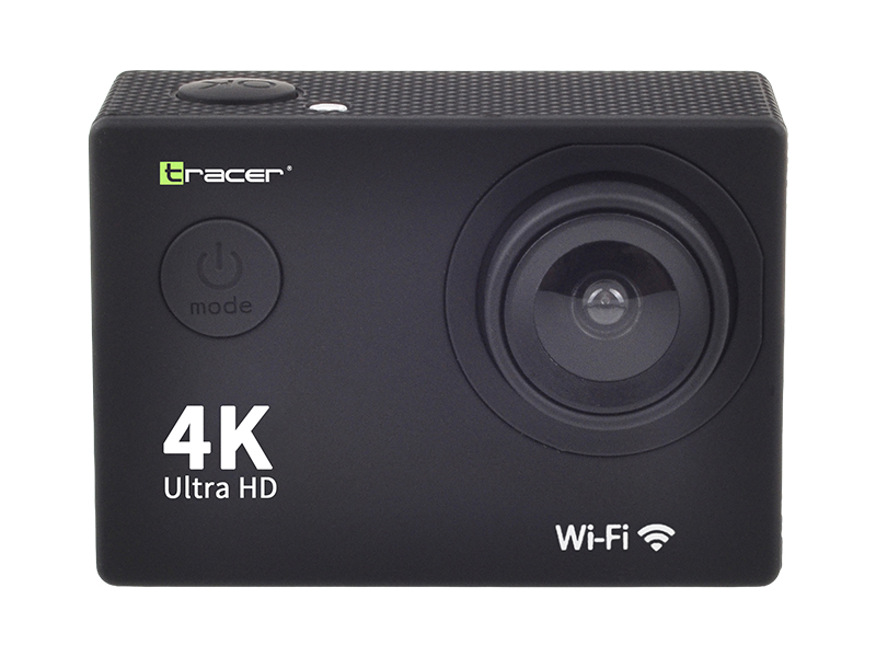 Czarna kamera akcji Tracer 4K Ultra HD z ikoną Wi-Fi z przodu.