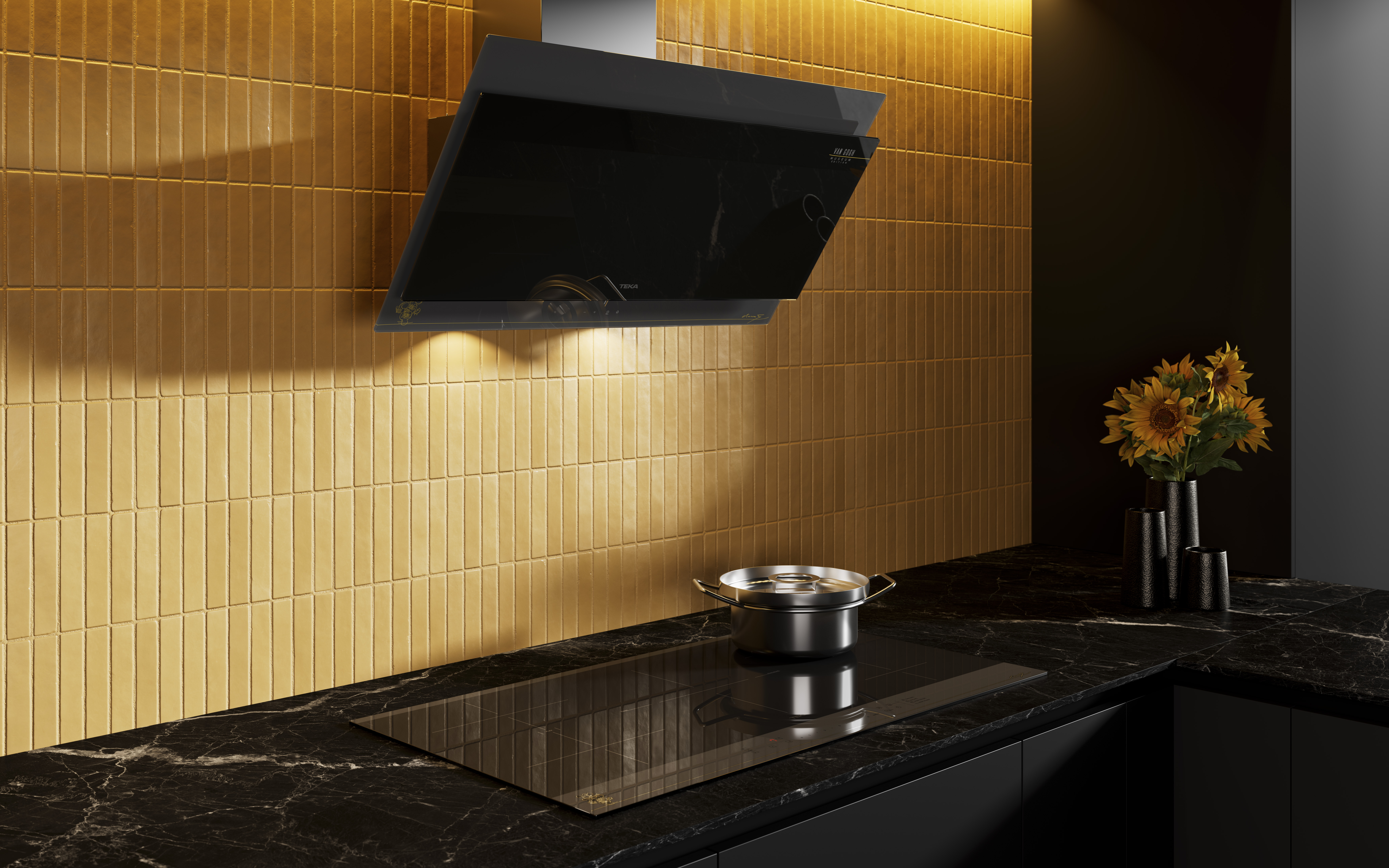 Nowoczesna kuchnia z czarnym okapem, płytą indukcyjną z garnkiem i żółtymi płytkami.