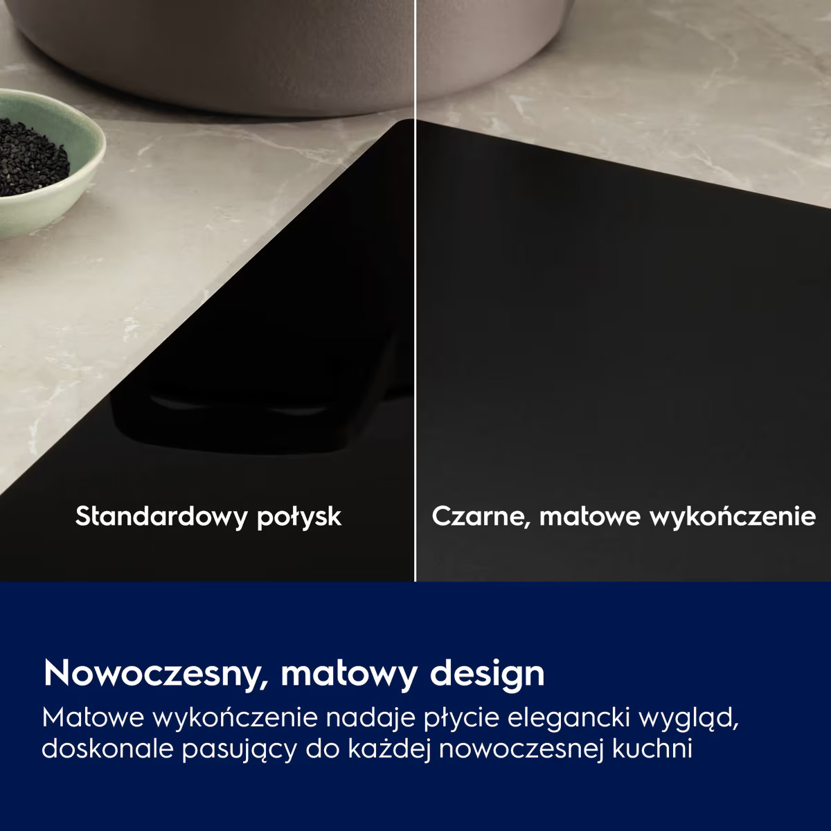 Porównanie błyszczącego i matowego wykończenia czarnej płyty grzewczej na blacie kuchennym.