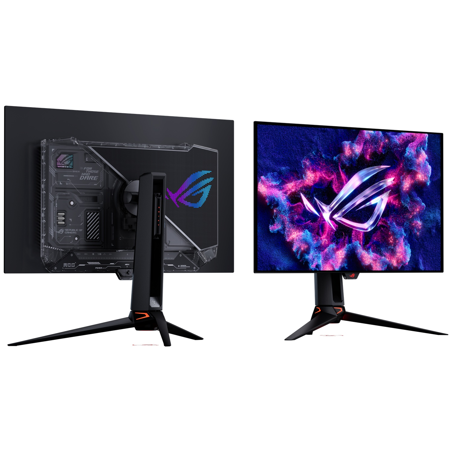 Front and back views of an ASUS ROG gaming monitor with a colorful wallpaper and lit logo.