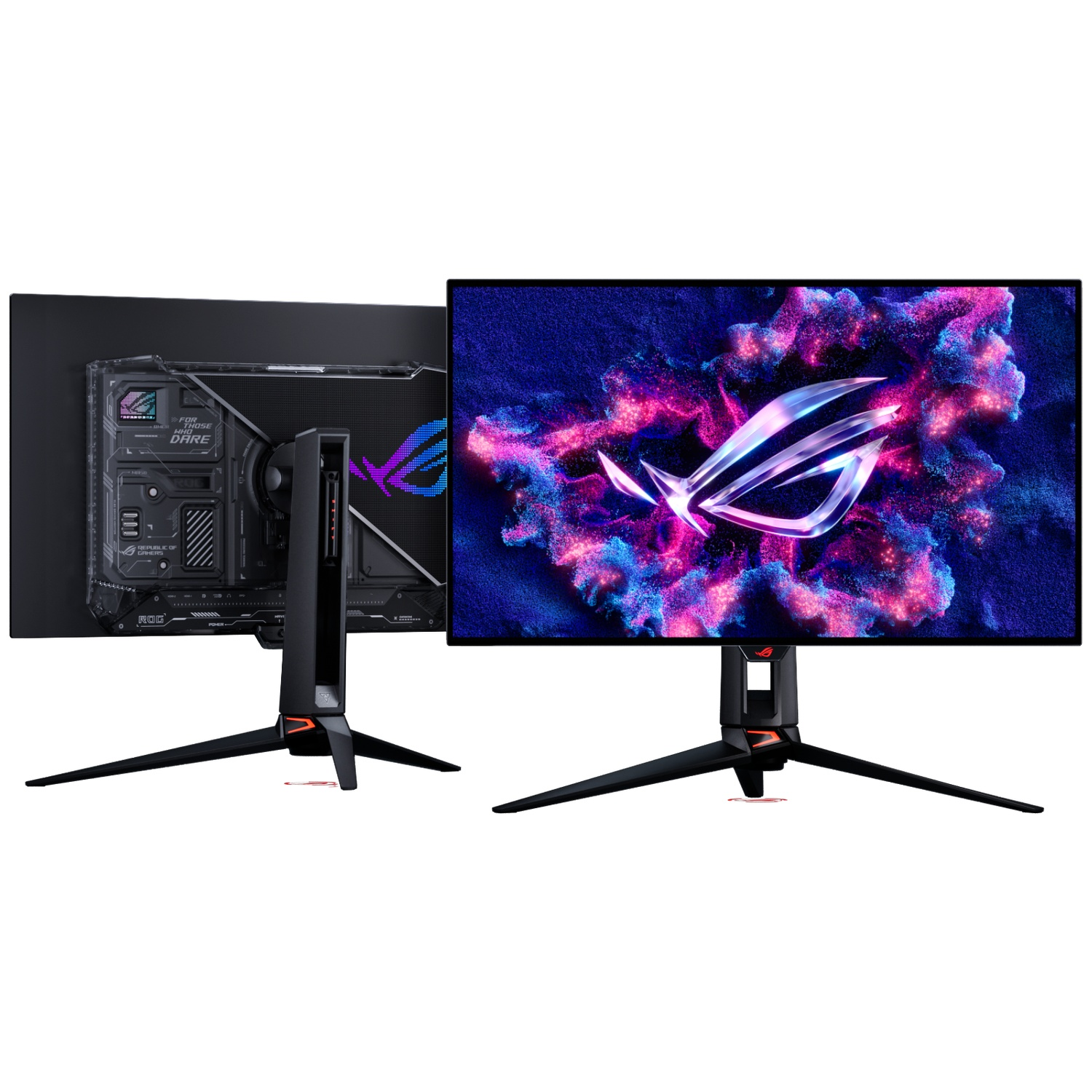 A ROG gaming monitor shown from the front with a glowing screen, and from the back displaying a futuristic design.
