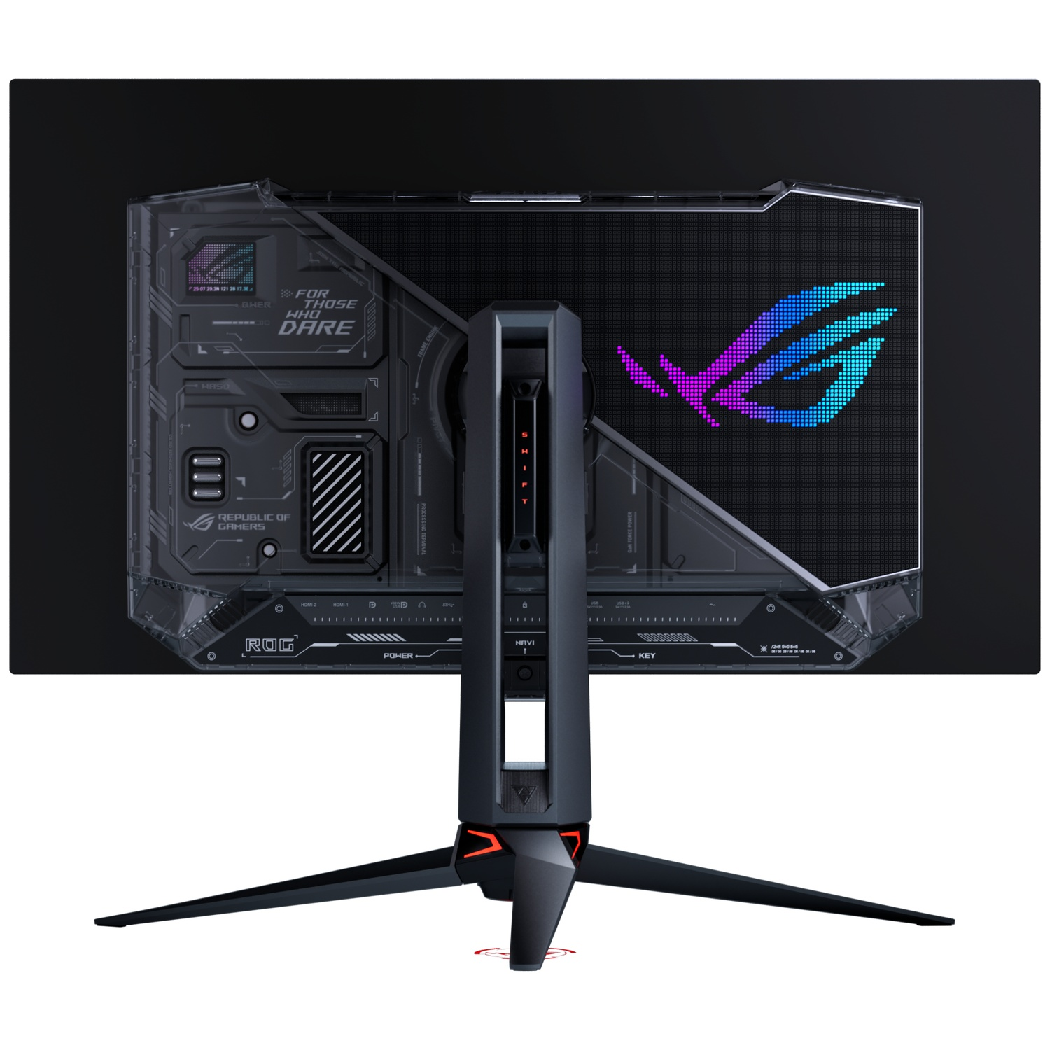 Back of a gaming monitor with cyberpunk design, RGB lighting, and a tripod stand.