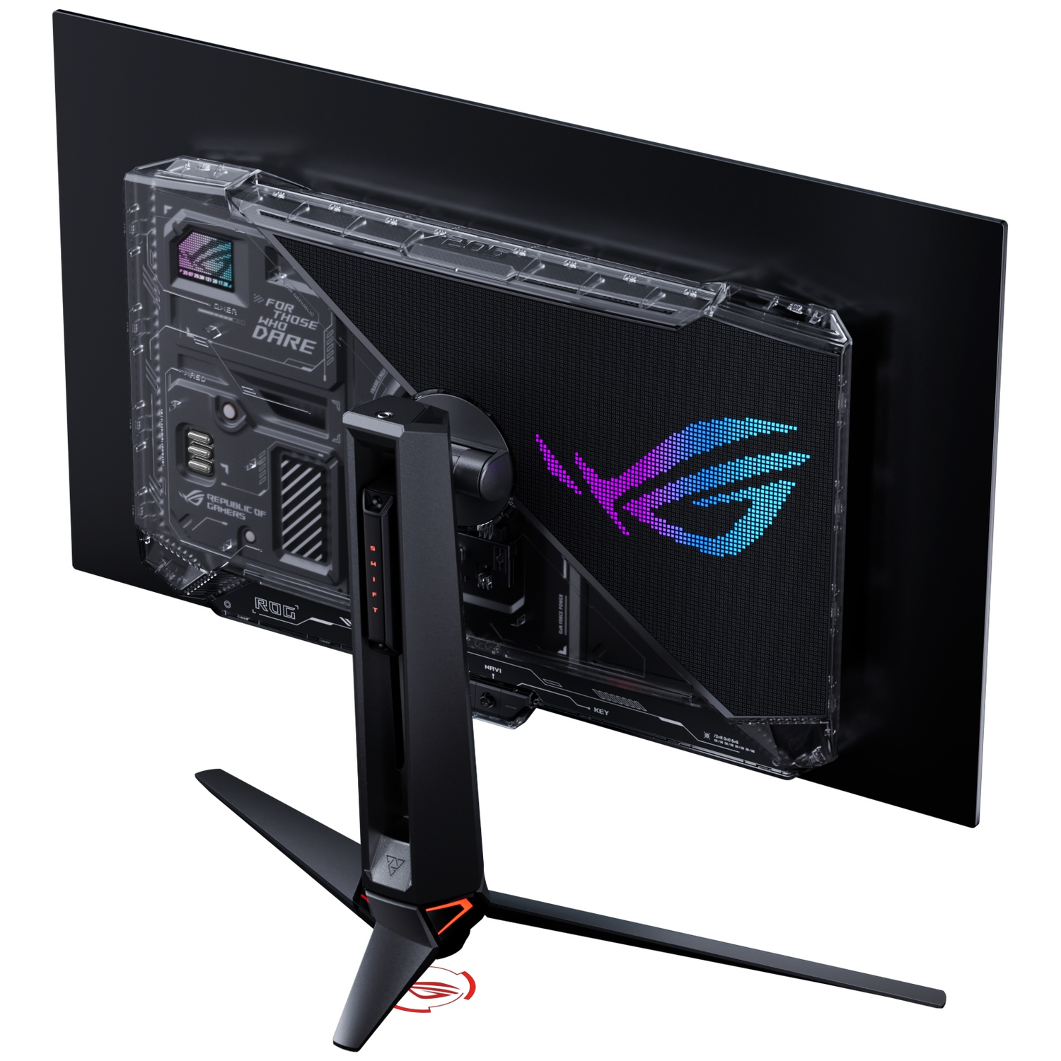 Back view of a ROG monitor featuring a transparent casing, RGB lighting, and a black three-legged stand.