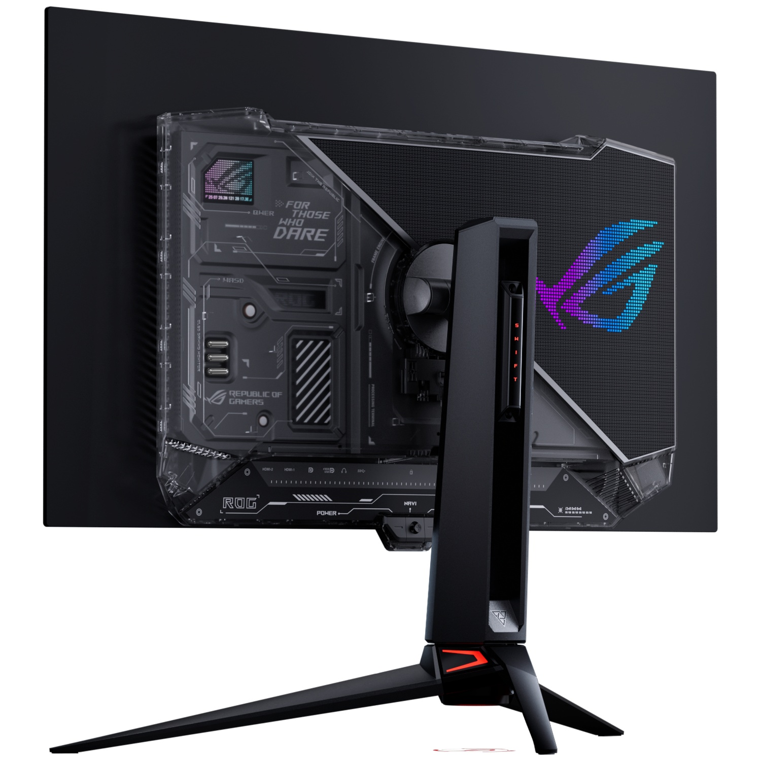 Rear view of a ROG gaming monitor on a black stand, featuring a cyberpunk design and a glowing logo.