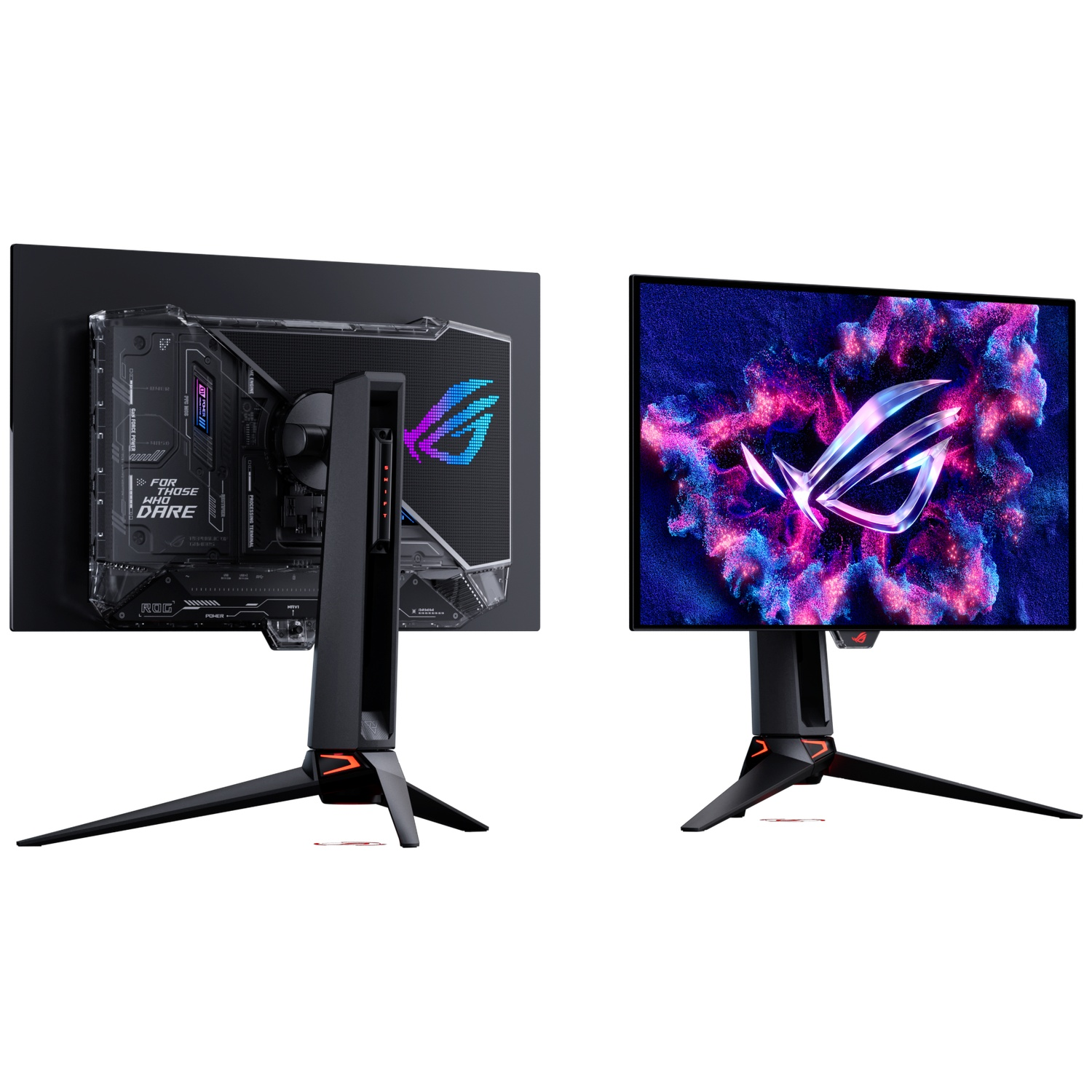 Front and back views of an ASUS ROG gaming monitor on a stand, featuring a glowing screen and futuristic design elements.