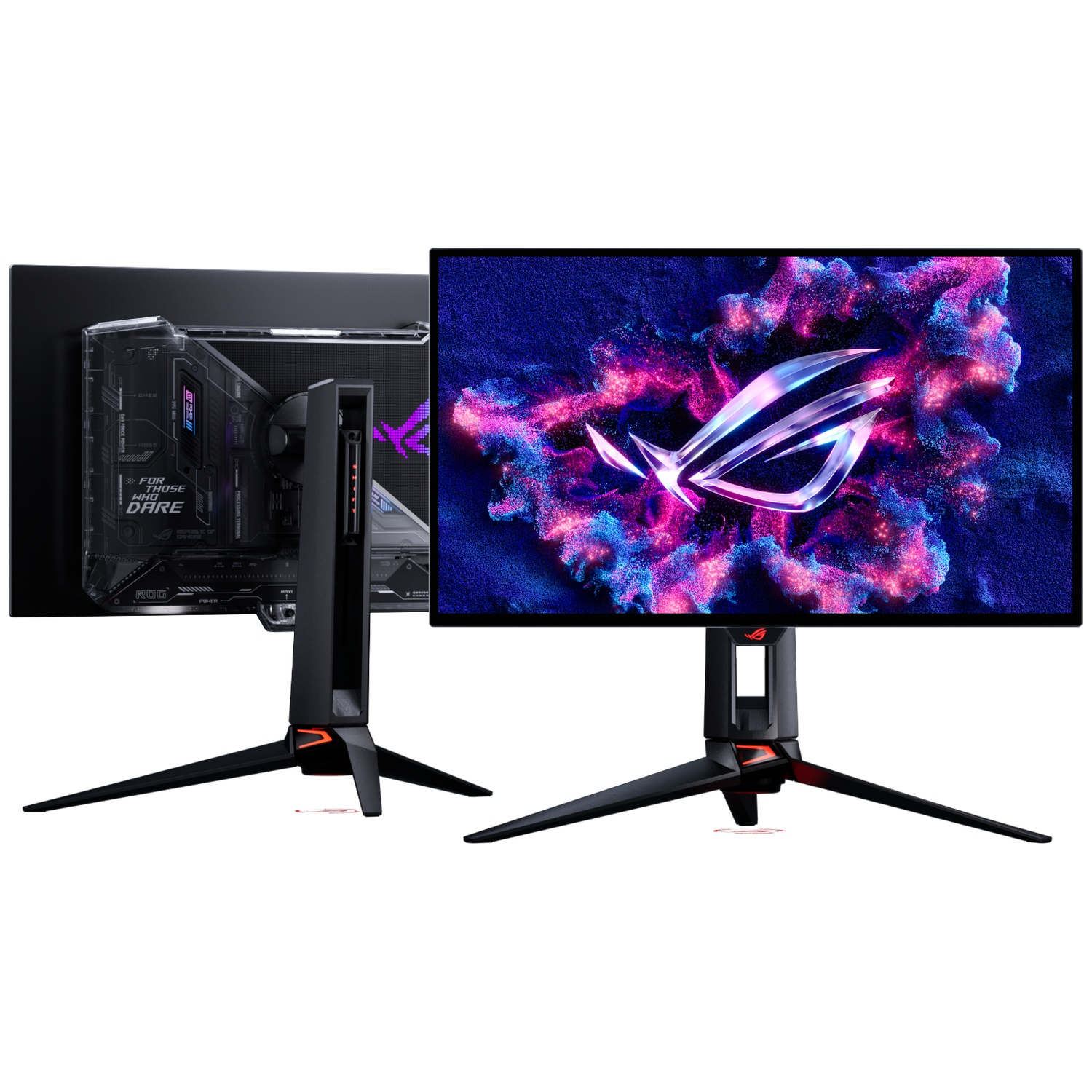 Front and back view of a gaming monitor with Asus ROG logo on colorful background and transparent back.