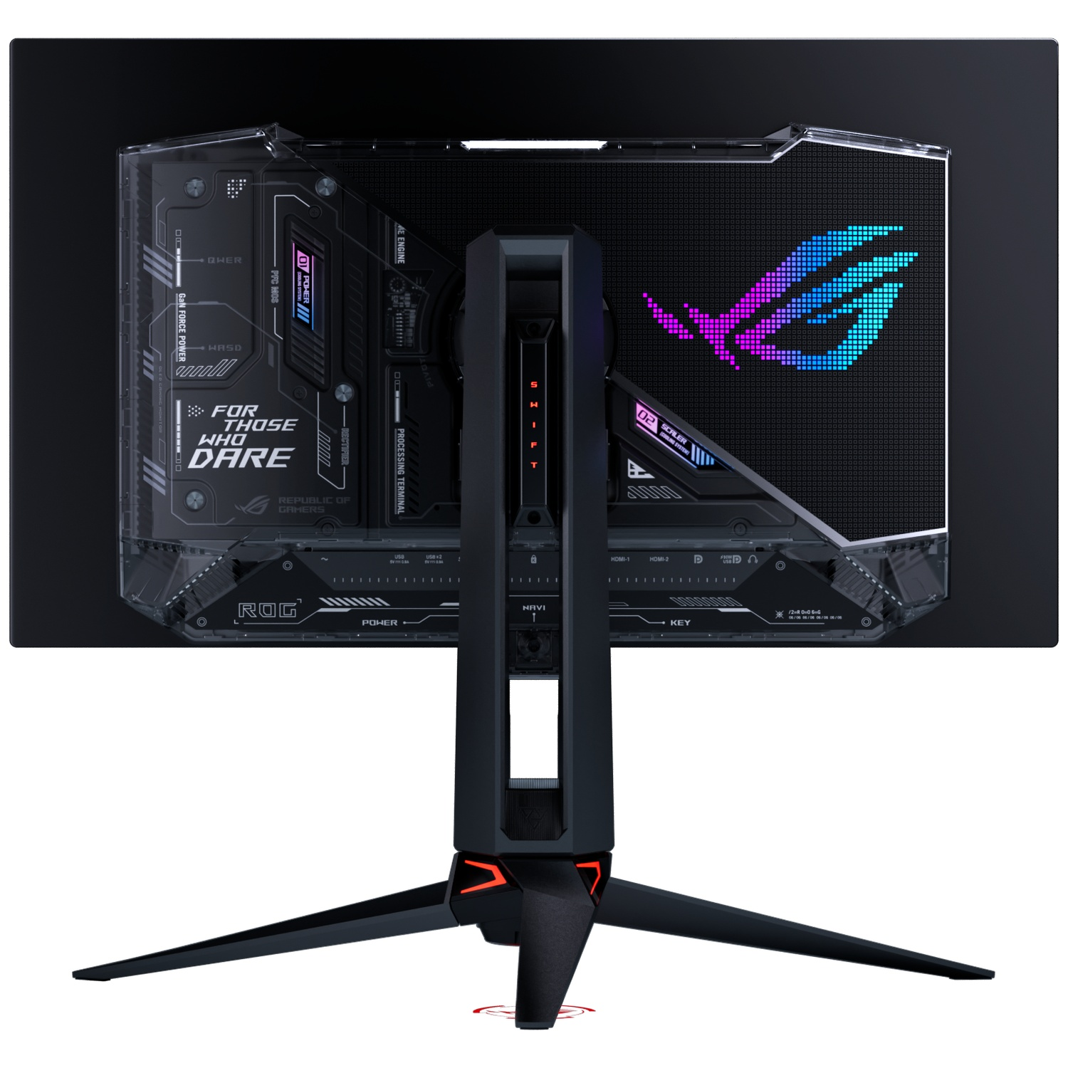 Rear view of a ROG gaming monitor with futuristic design, RGB lighting, and transparent elements.