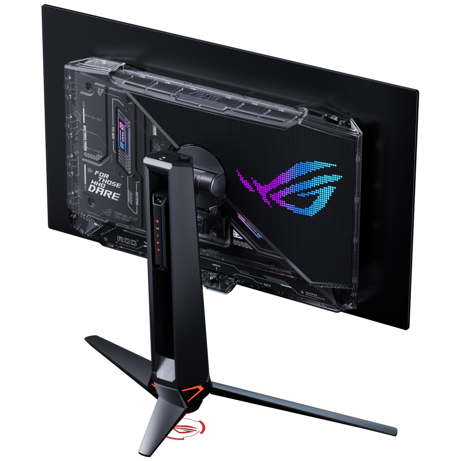 Back of a black ROG gaming monitor with a transparent casing and glowing RGB logo mounted on a black stand.