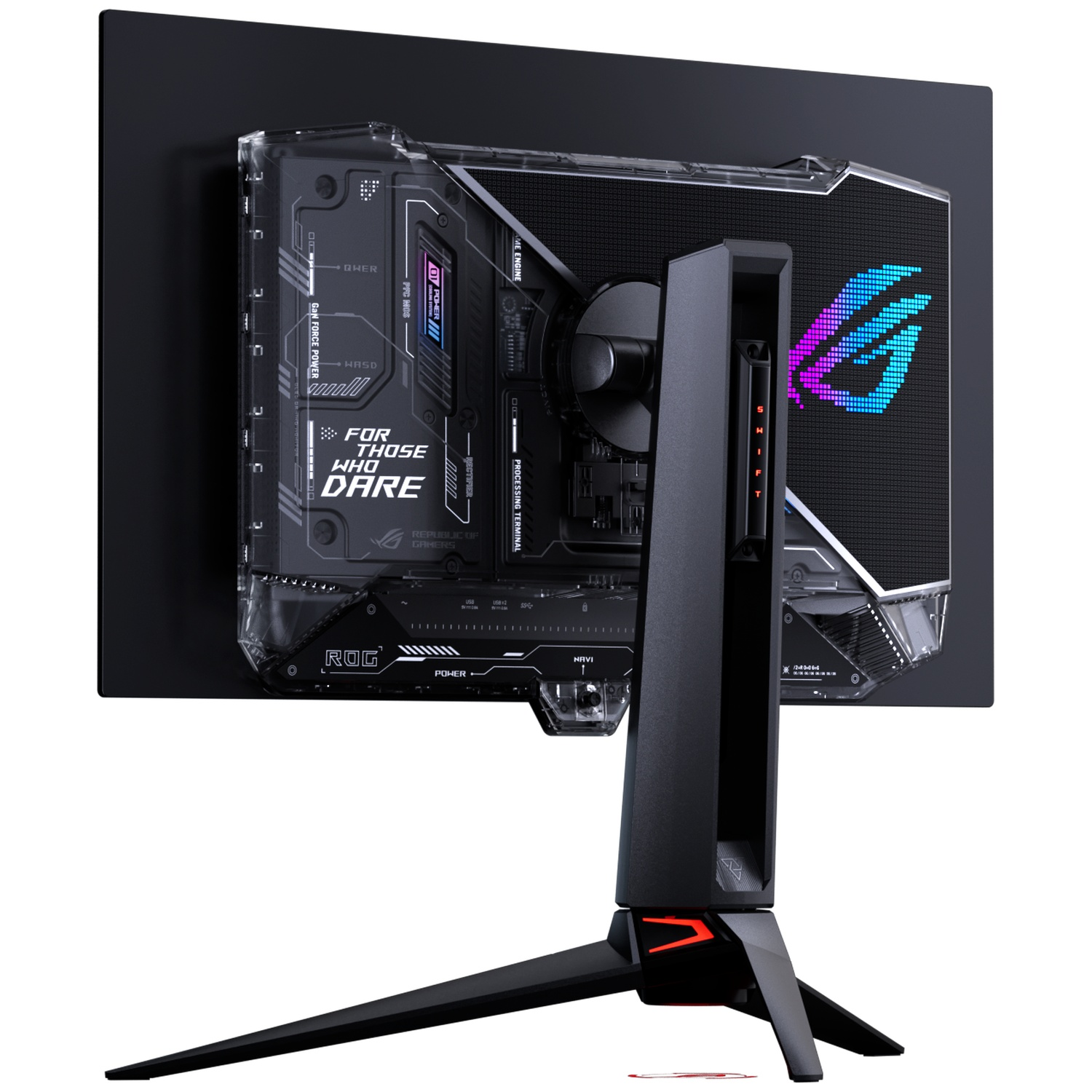 Back of a black ROG gaming monitor with a transparent casing, RGB logo, and a sturdy stand.
