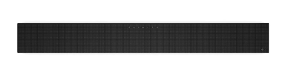 Beyaz arka planda orta dokunmatik kontrolleri ve sağda logosu olan siyah bir LG soundbar.