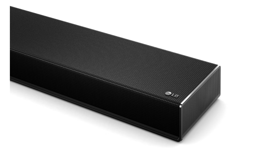 Beyaz zemin üzerinde gümüş detaylı siyah LG soundbar.