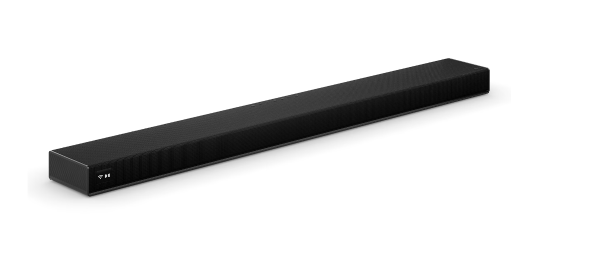 Beyaz arka plan önünde çapraz duran uzun, siyah bir soundbar.