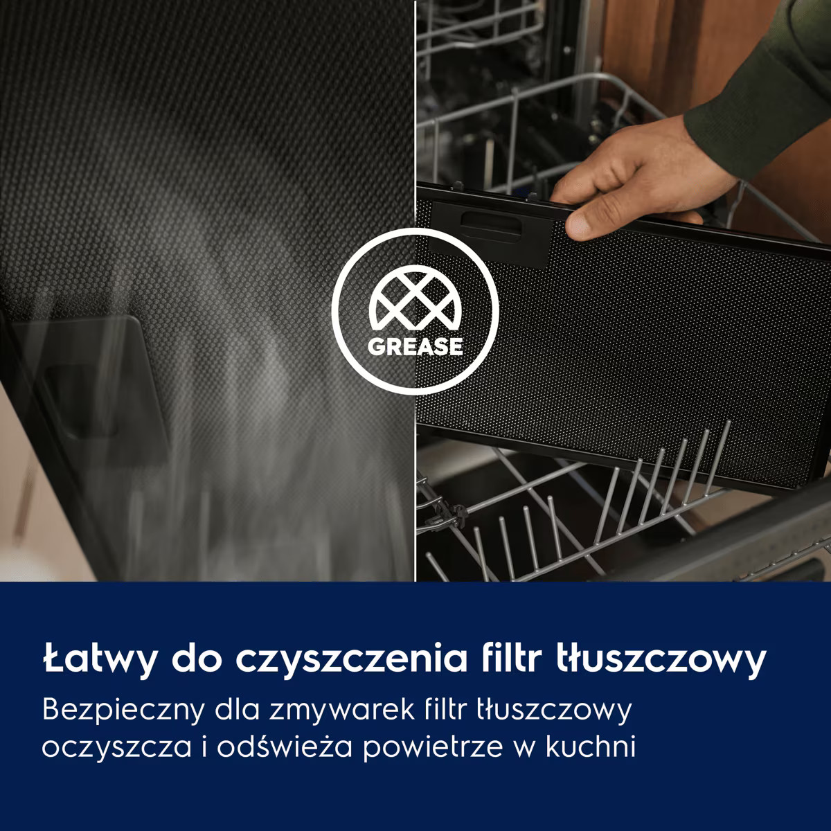 Ręka wkłada czarny filtr przeciwtłuszczowy do otwartej zmywarki; na dole niebieski pasek z tekstem.