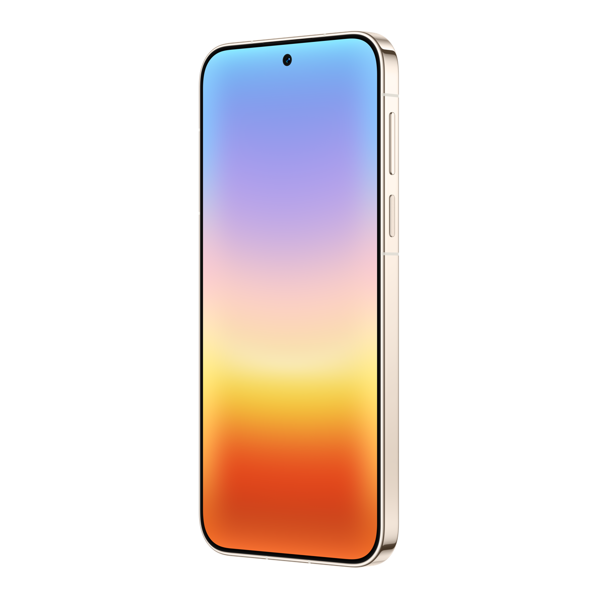 Altın çerçeveli bir akıllı telefon, siyah arka plan üzerinde maviden turuncuya geçişli duvar kağıdı gösterir.