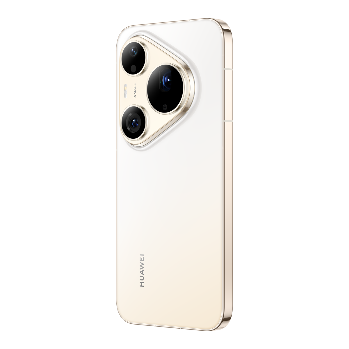 Siyah arka plan üzerinde üçgen üçlü kamera modülüne sahip beyaz bir Huawei akıllı telefon.