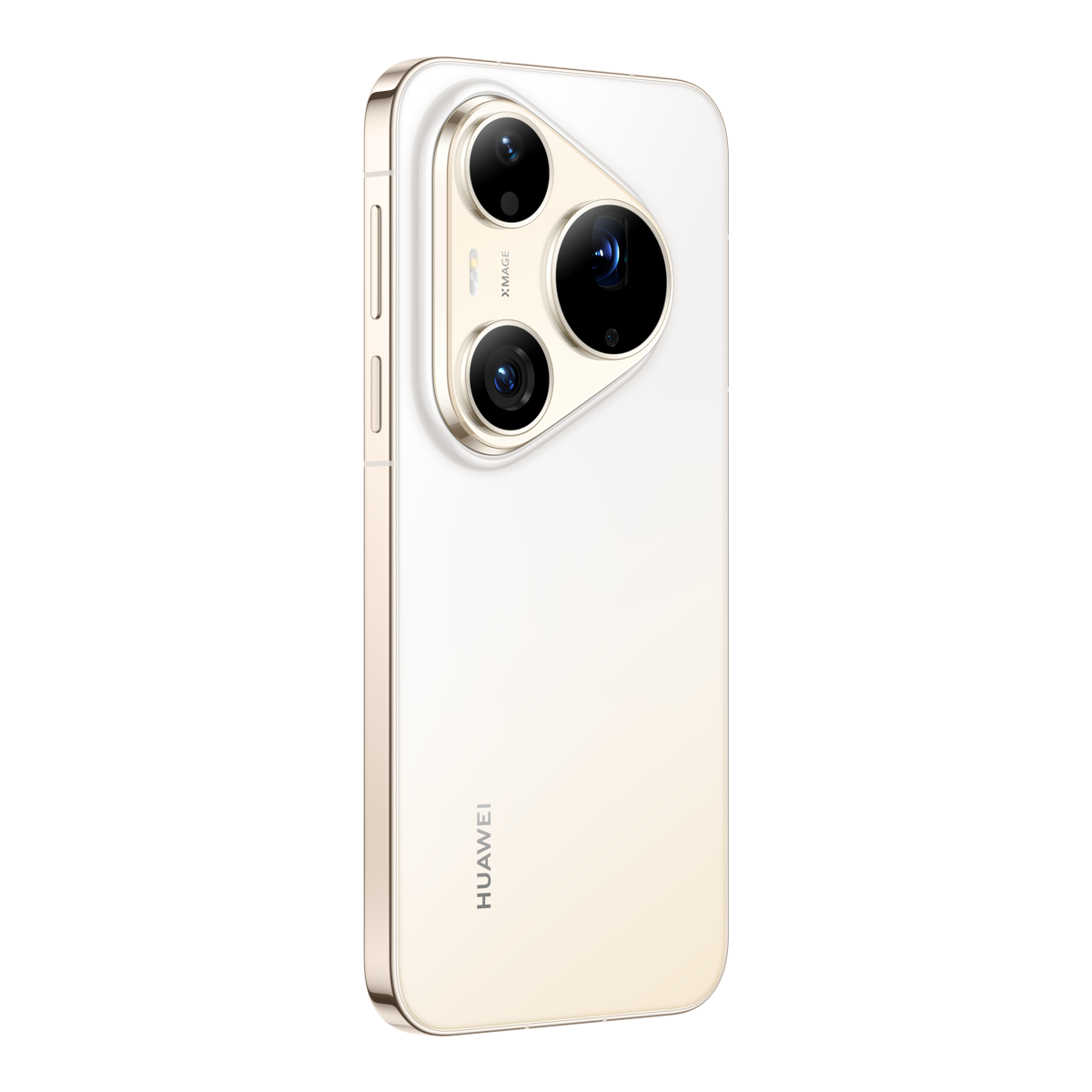 Siyah arka planda üçgen kamera modülüne sahip altın ve beyaz renkli Huawei akıllı telefonun arka yüzü.