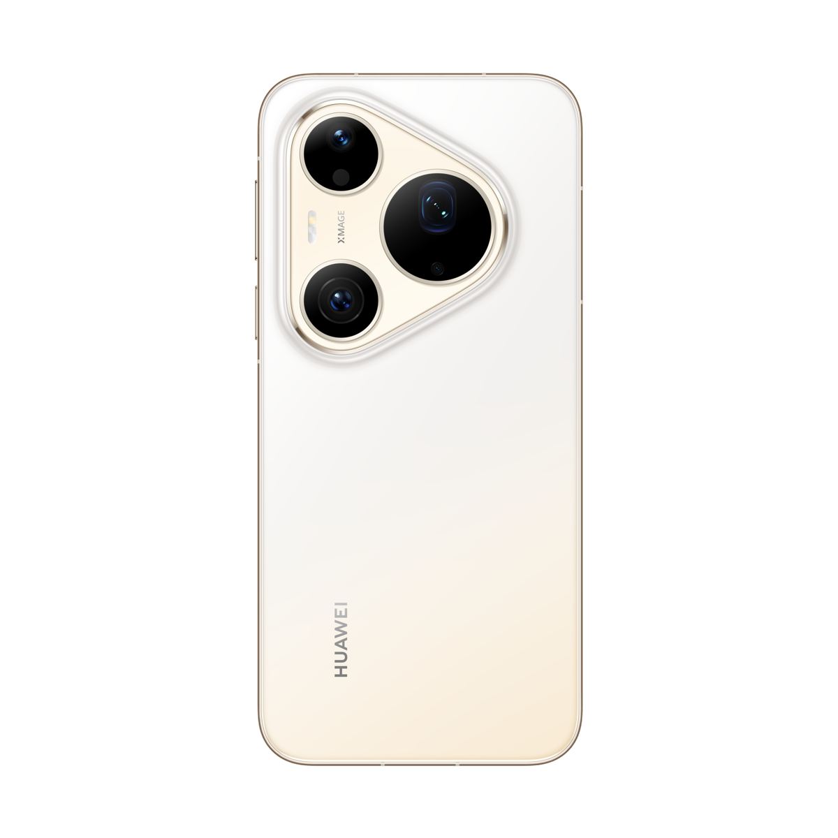 Üçgen kamera modüllü ve Huawei logolu beyaz bir akıllı telefonun arka yüzü.
