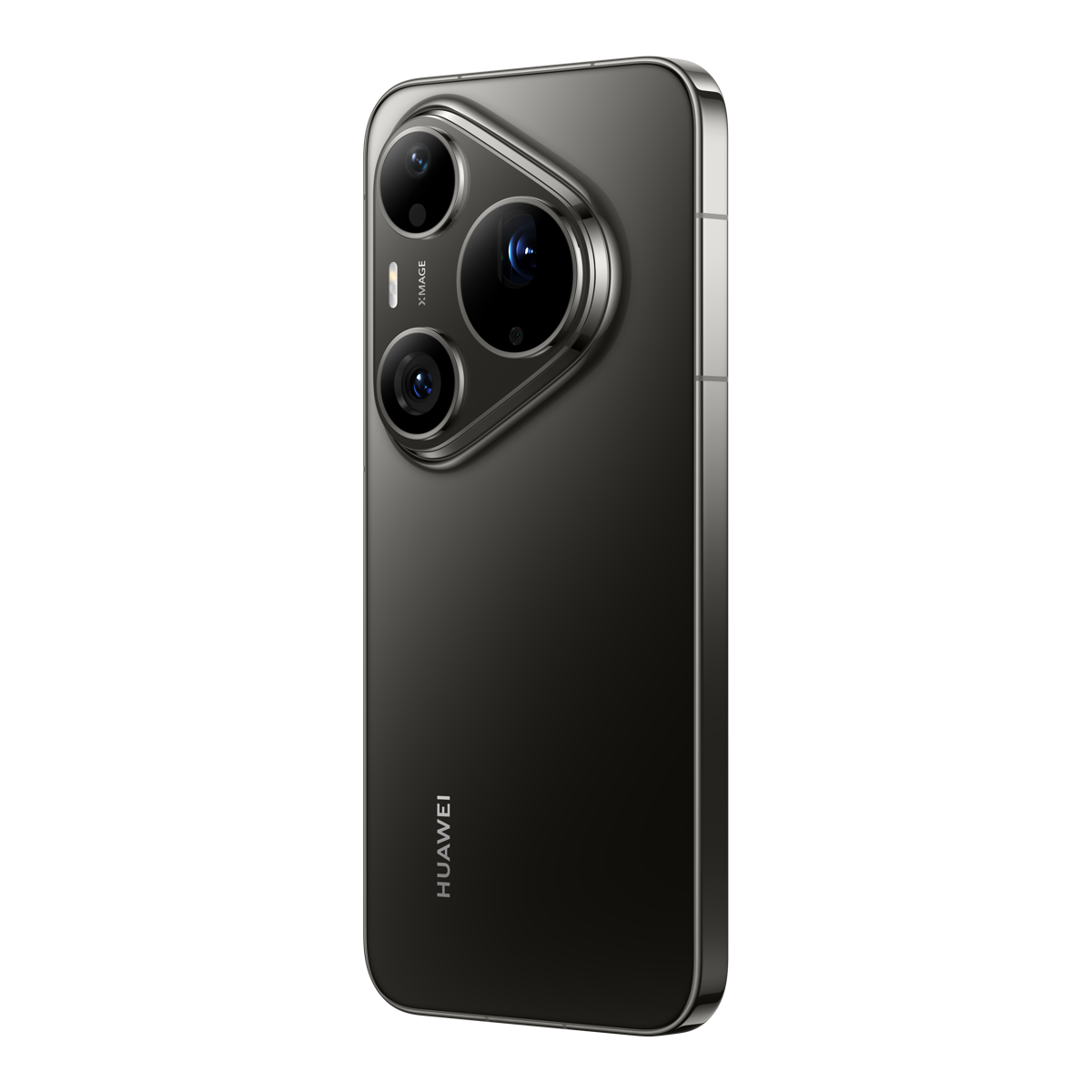 Üç lensli üçgen kamera modülüne sahip gri bir Huawei akıllı telefonun arkası.