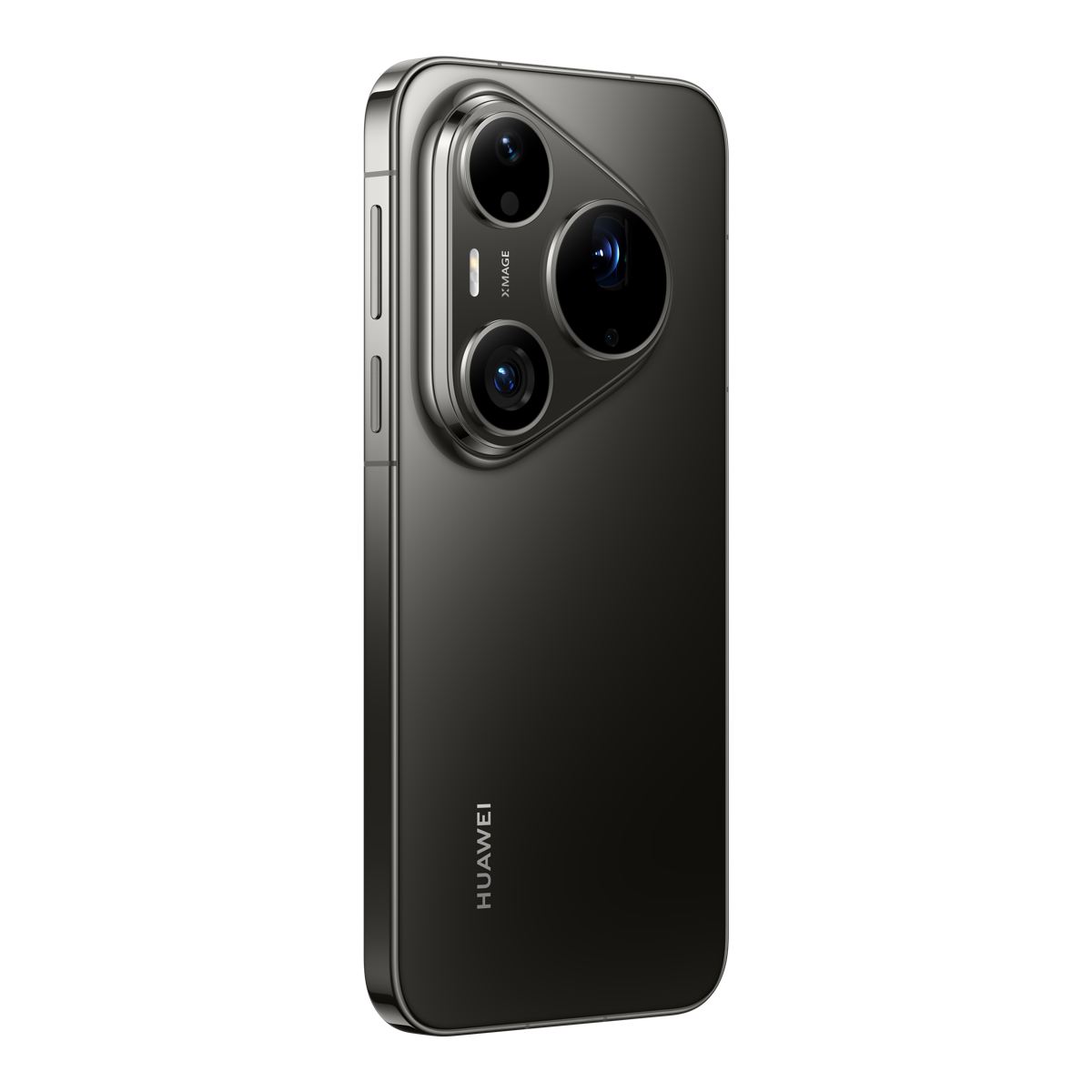 Siyah arka planda üçgen kamera modülüne sahip koyu renkli bir Huawei akıllı telefonun arkası.