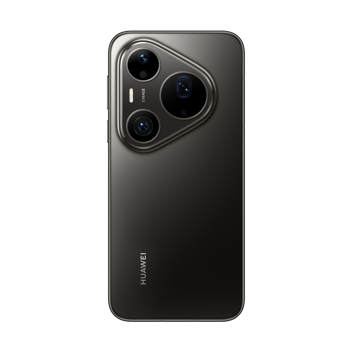 Üç lensli üçgen kamera modülüne sahip gri renkli Huawei akıllı telefonun arkası.